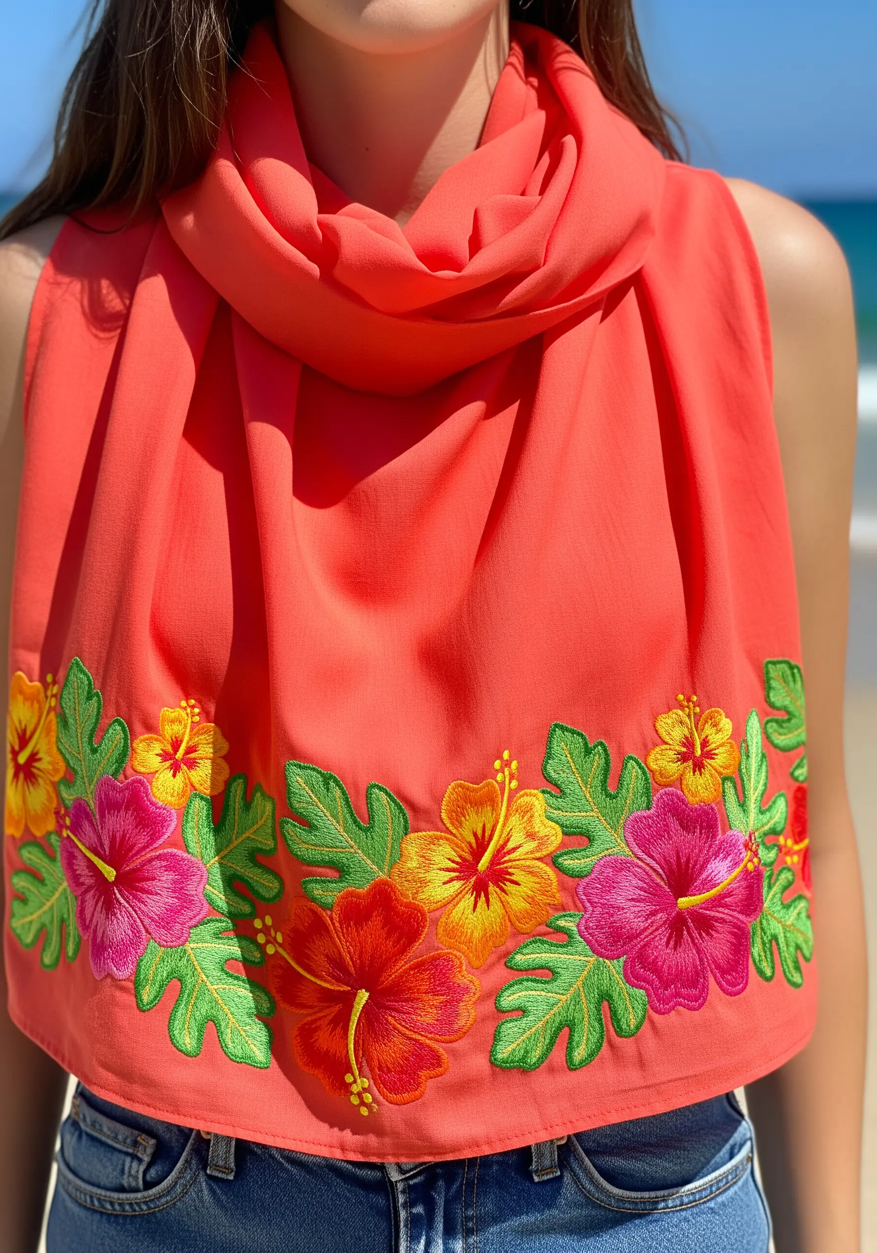 Brightly colored hibiscus flowers and leaves embroidered along the border of a coral-red scarf.