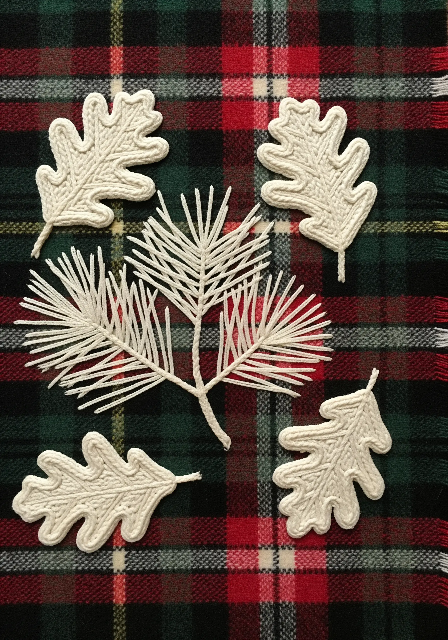 Thick white yarn embroidery of oak leaves and pine needles on a red and green plaid background.