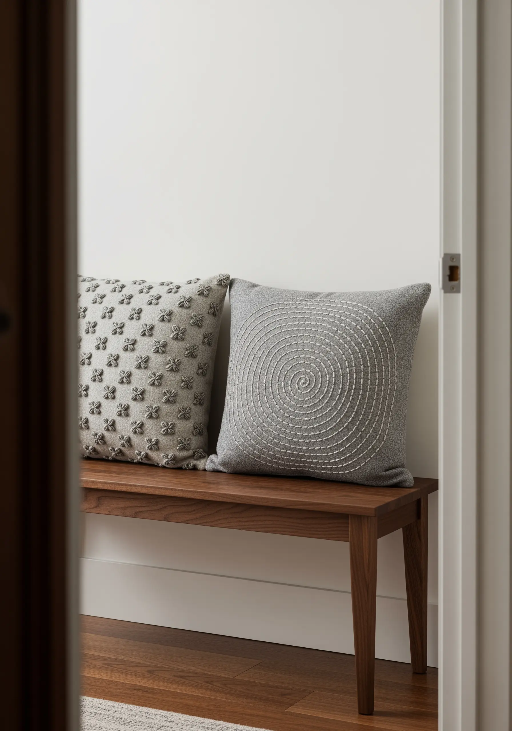 Two grey cushions with tone-on-tone embroidery: one with 3D floral knots, the other with a spiral.