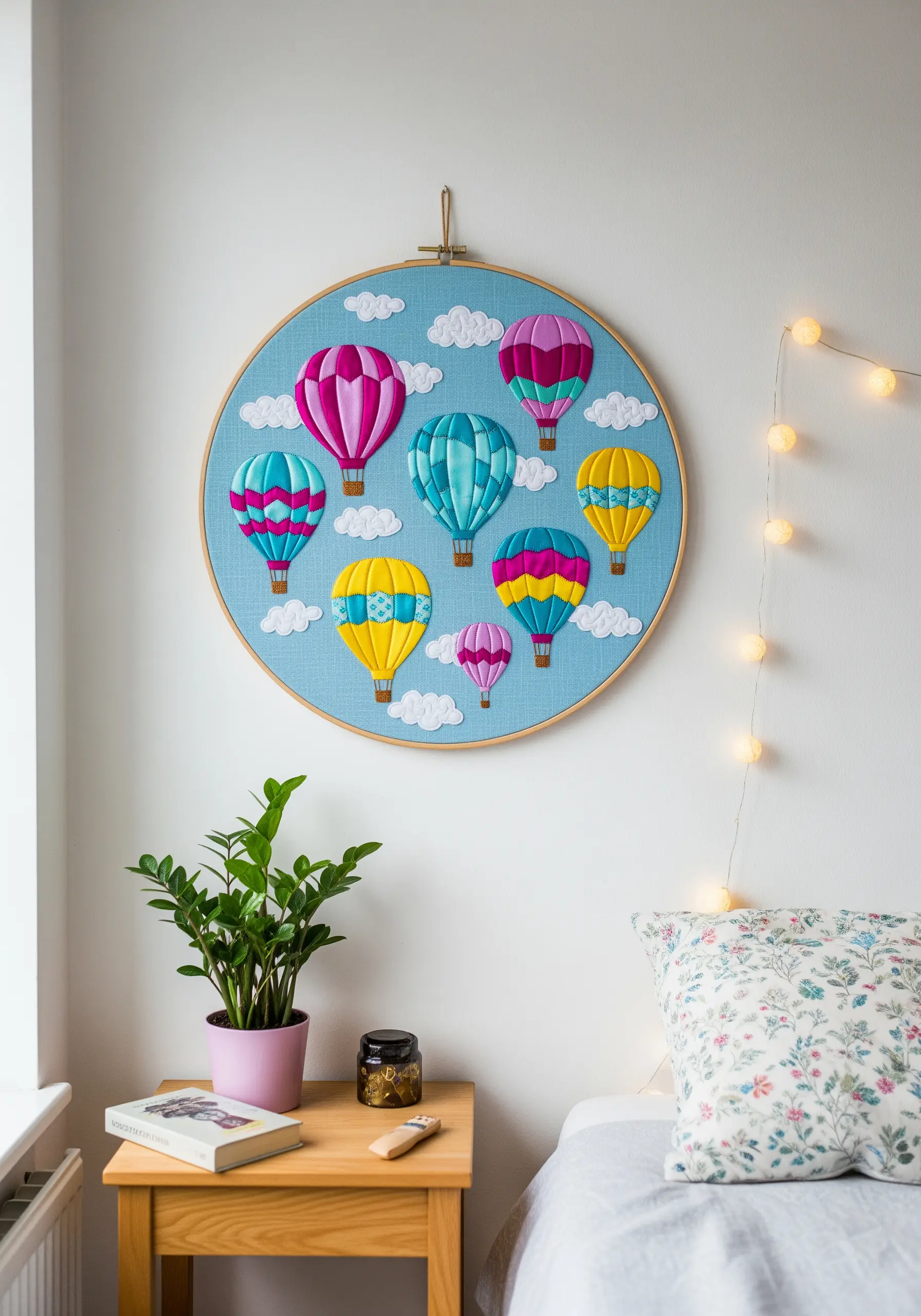 A large embroidery hoop with colorful hot air balloons floating against a blue sky.