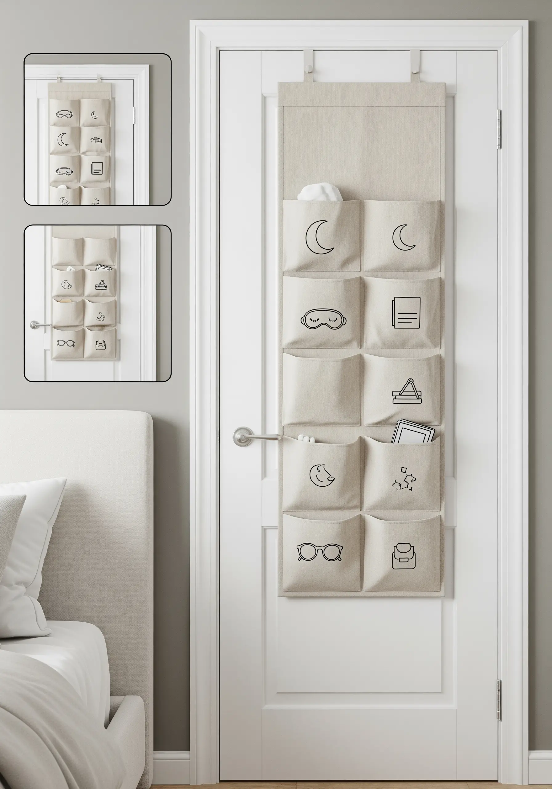 A hanging door organizer with pockets embroidered with simple line-art icons.