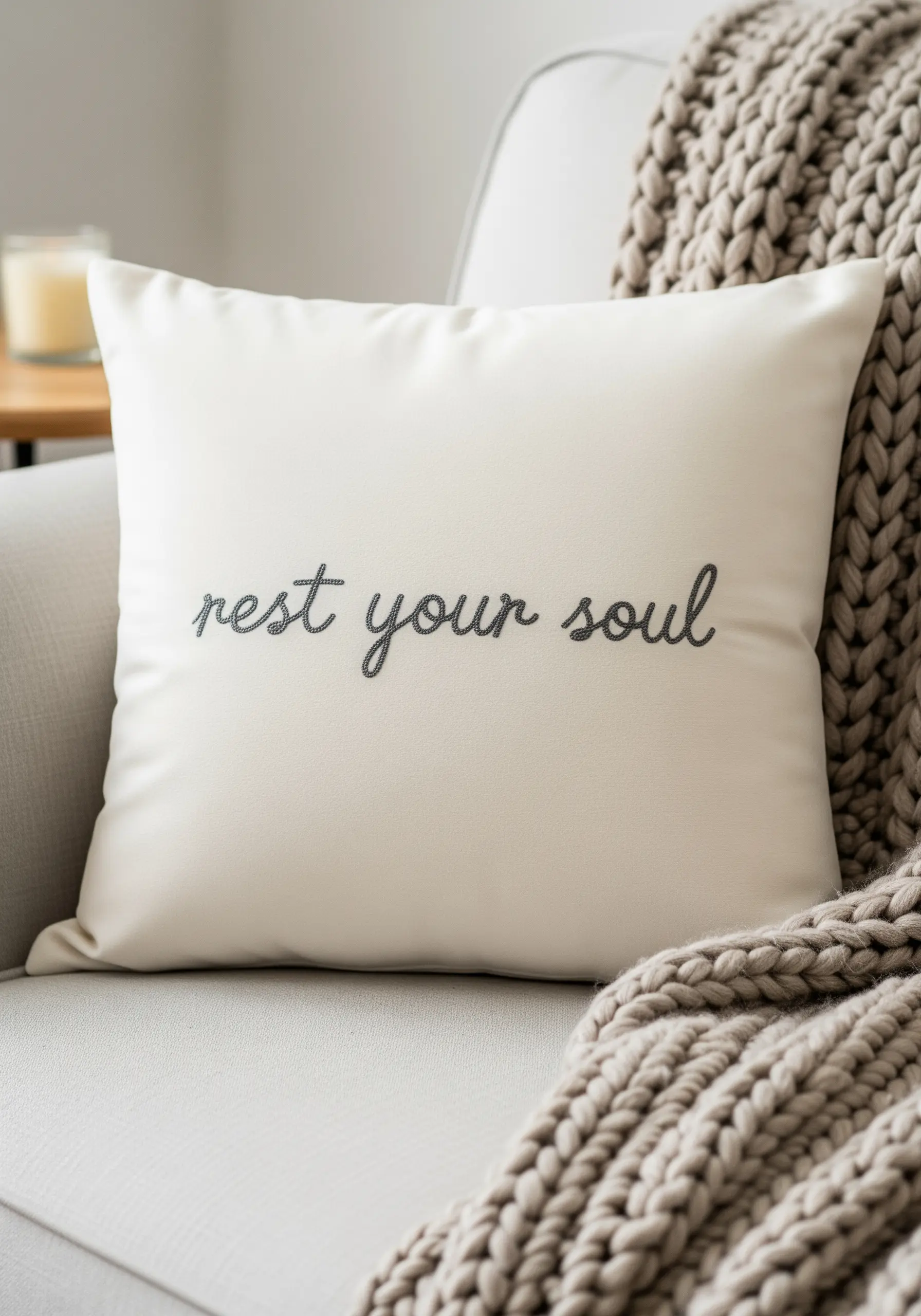 An off-white pillow with the phrase 'rest your soul' embroidered in delicate gray script