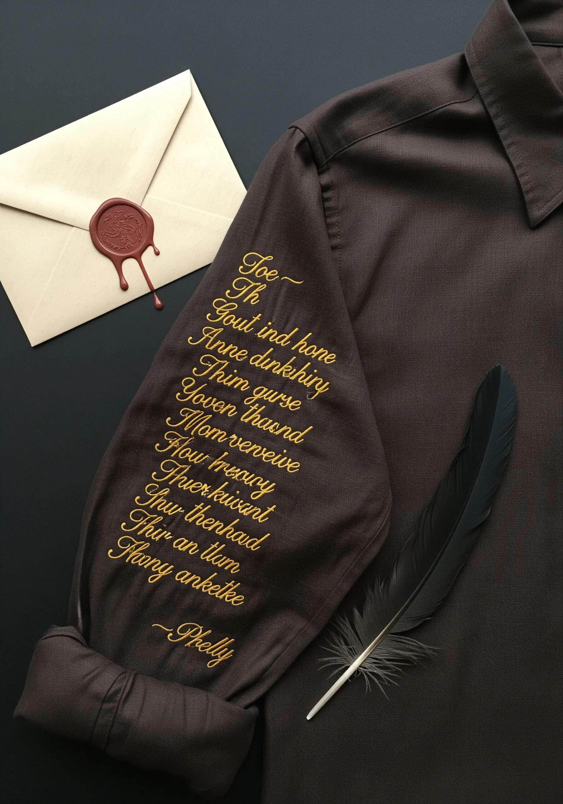 Golden cursive script embroidered down the sleeve of a dark brown shirt, next to a feather quill.