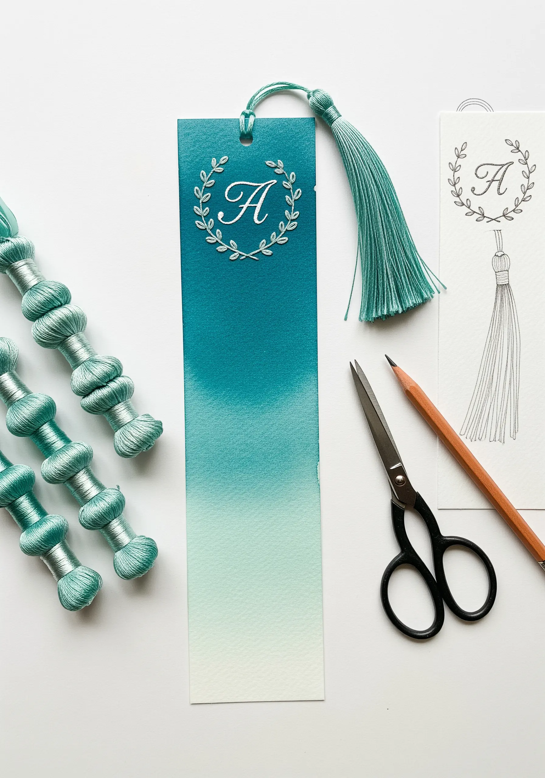 A painted ombre bookmark with a delicate white embroidered monogram and laurel wreath.