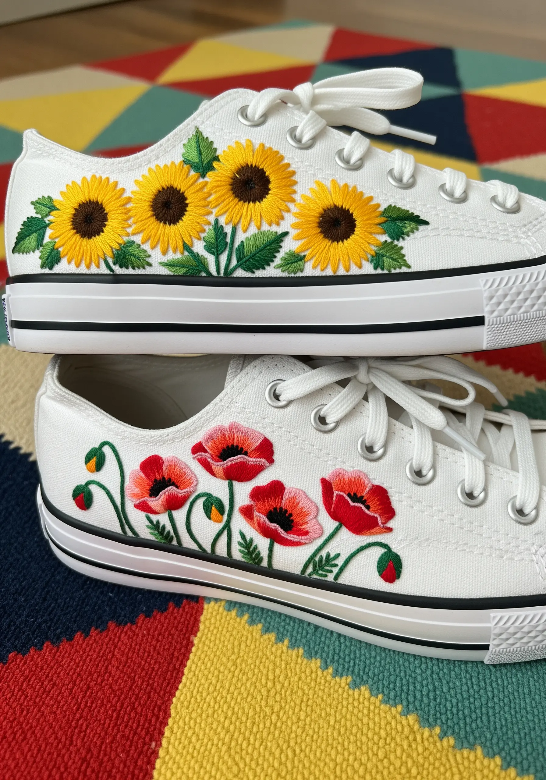 White canvas sneakers embroidered with bright yellow sunflowers and red poppies.