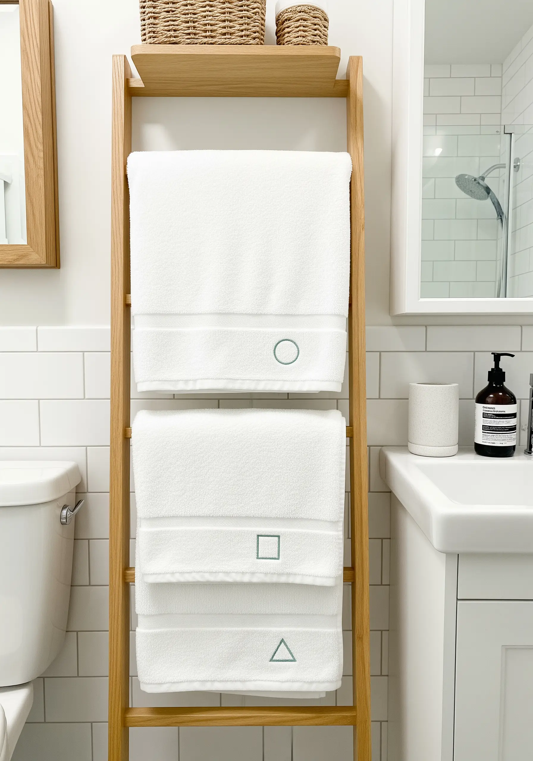 White bathroom towels with small, simple geometric shapes embroidered in a muted color.