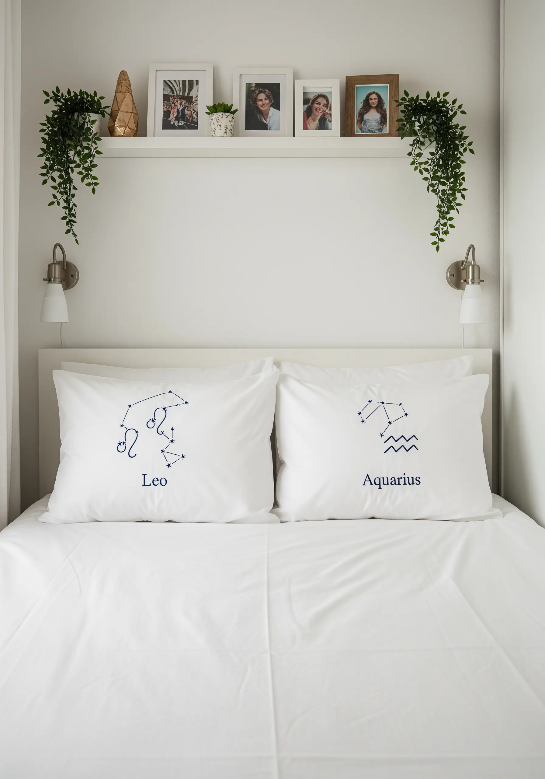 Two white pillowcases, each embroidered with a different blue zodiac constellation and name.
