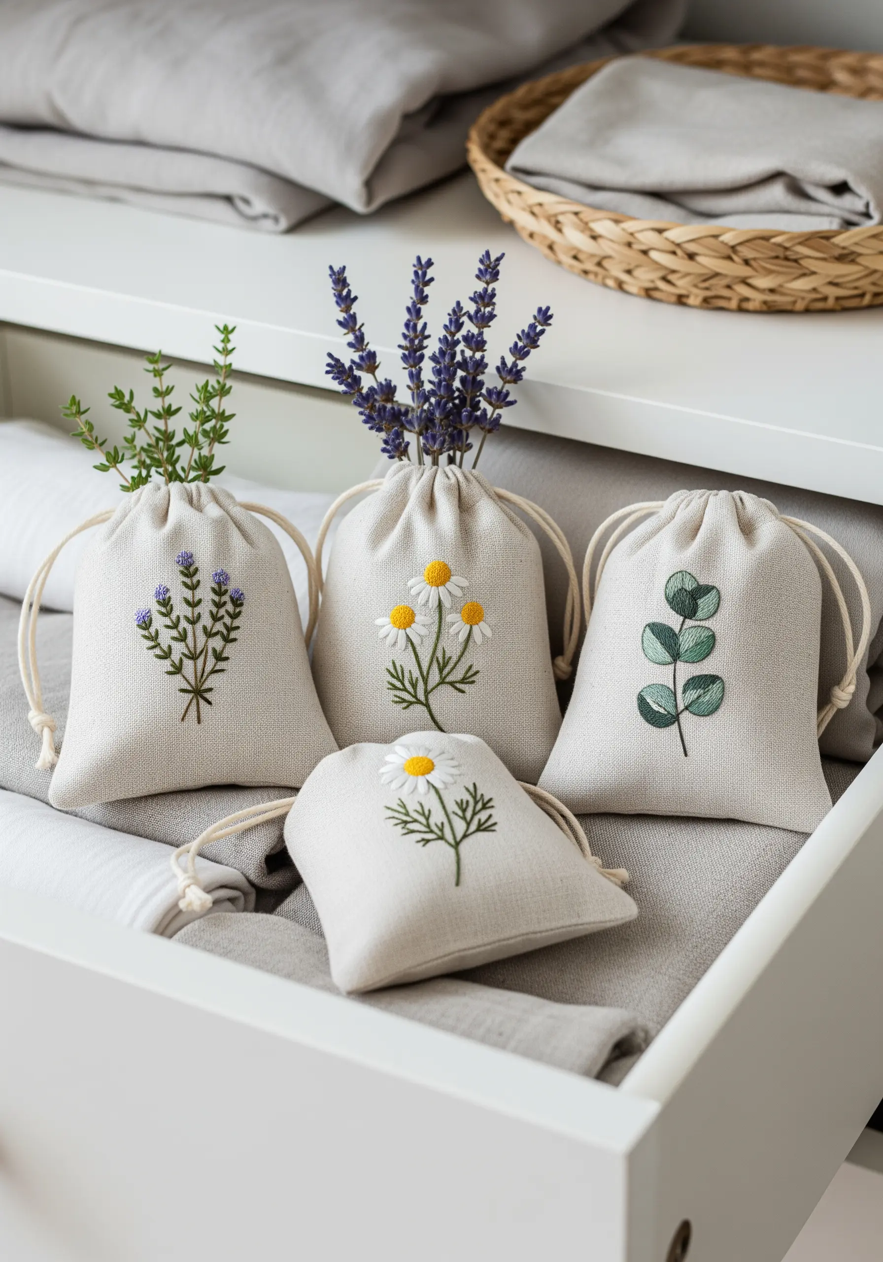 Four small linen sachets, each embroidered with a different simple herb or flower.