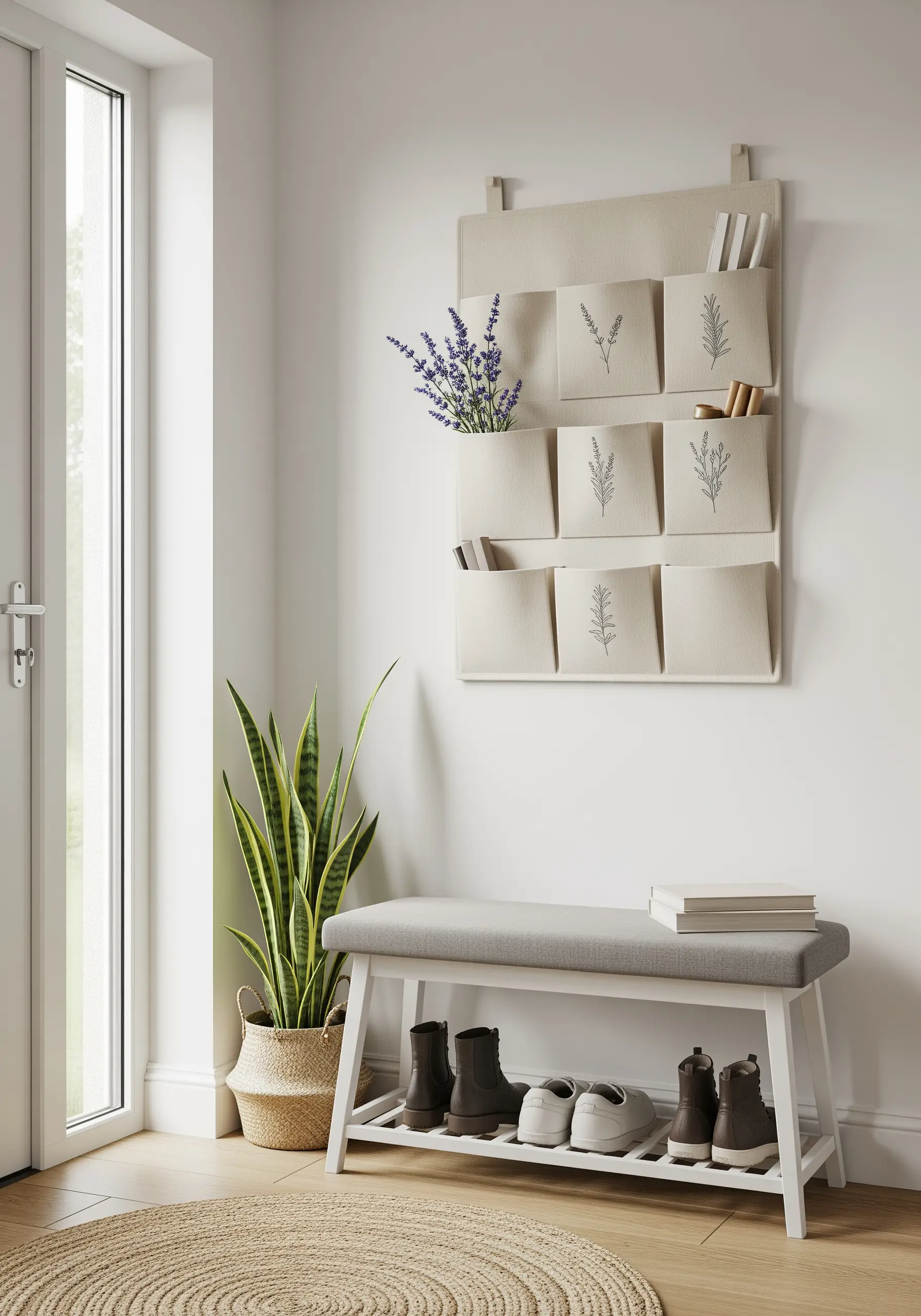 Fabric wall organizer with pockets featuring small, simple embroidered herb motifs.