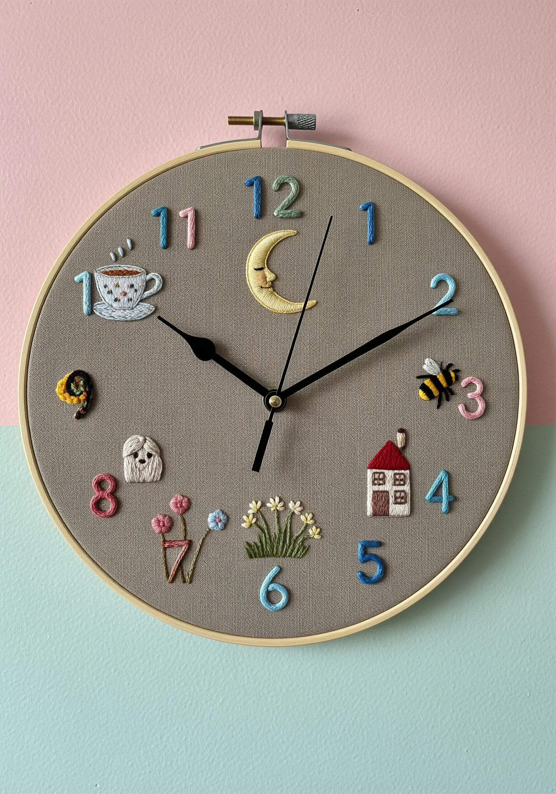 An embroidery hoop clock with charming, tiny stitched motifs instead of traditional numbers.