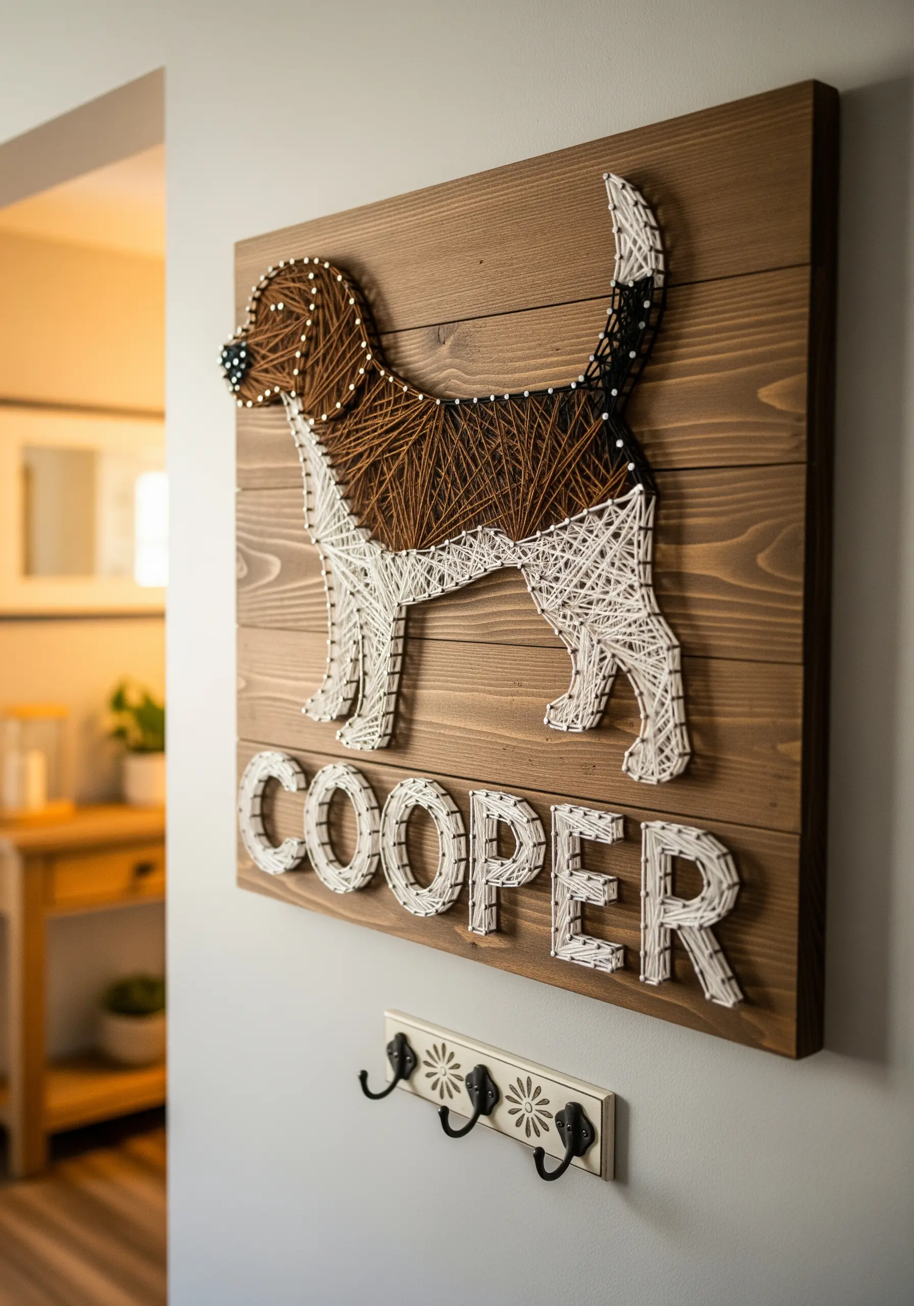 String art of a beagle with its name, 'Cooper', spelled out below on a wood plaque.