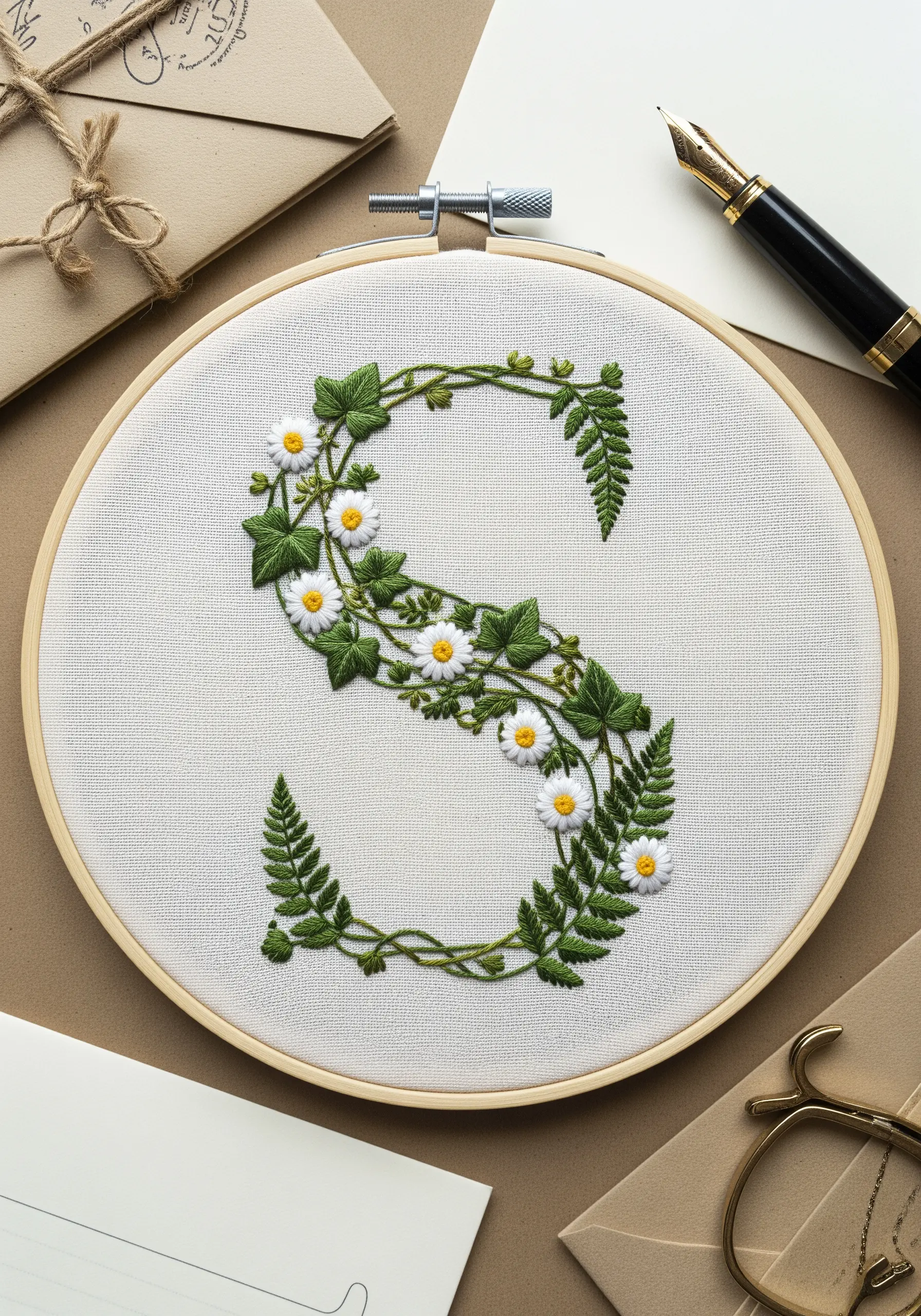 The letter 'S' formed from embroidered ivy, ferns, and white daisies.