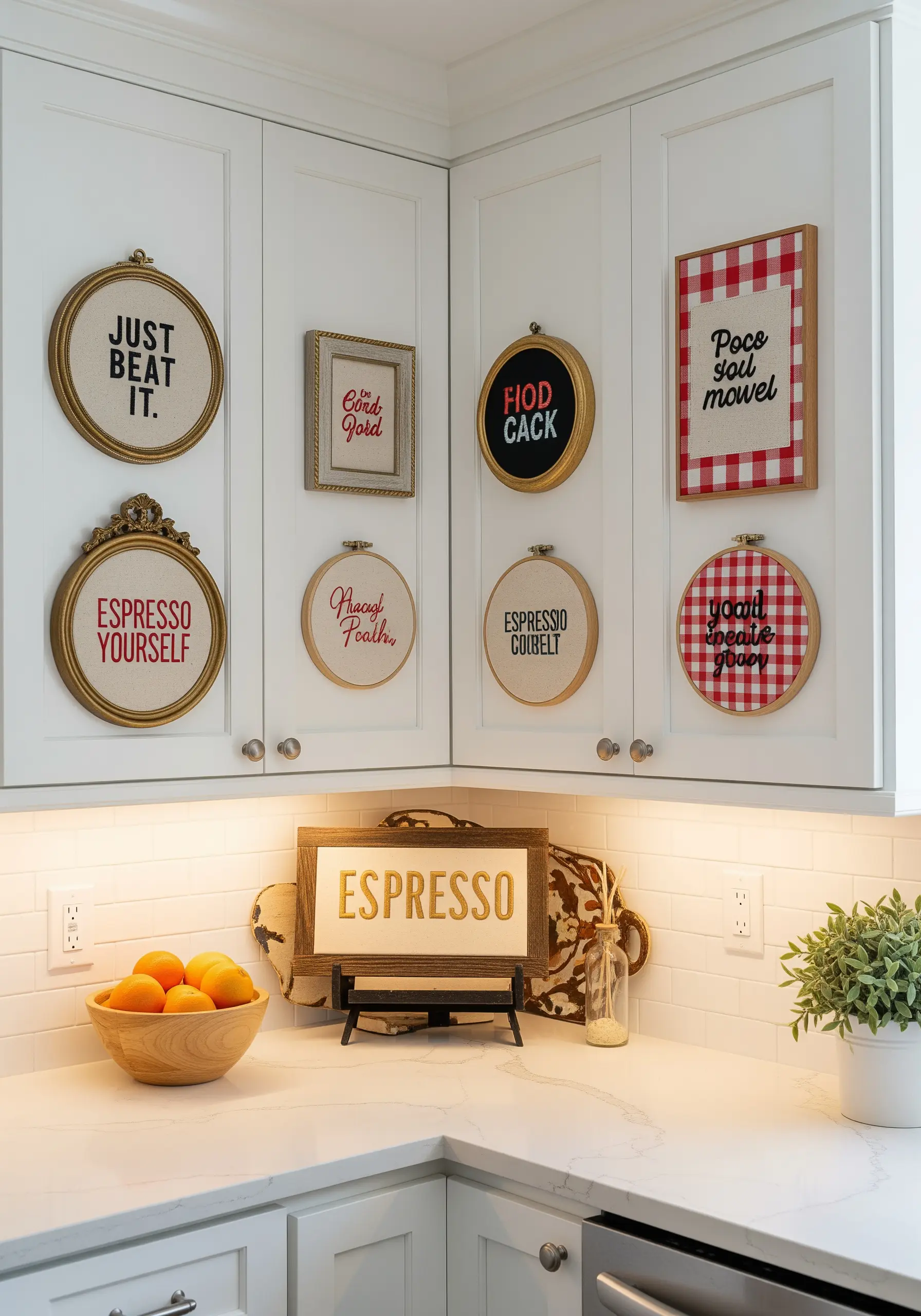 A collection of embroidery hoops with witty quotes displayed on white kitchen cabinets