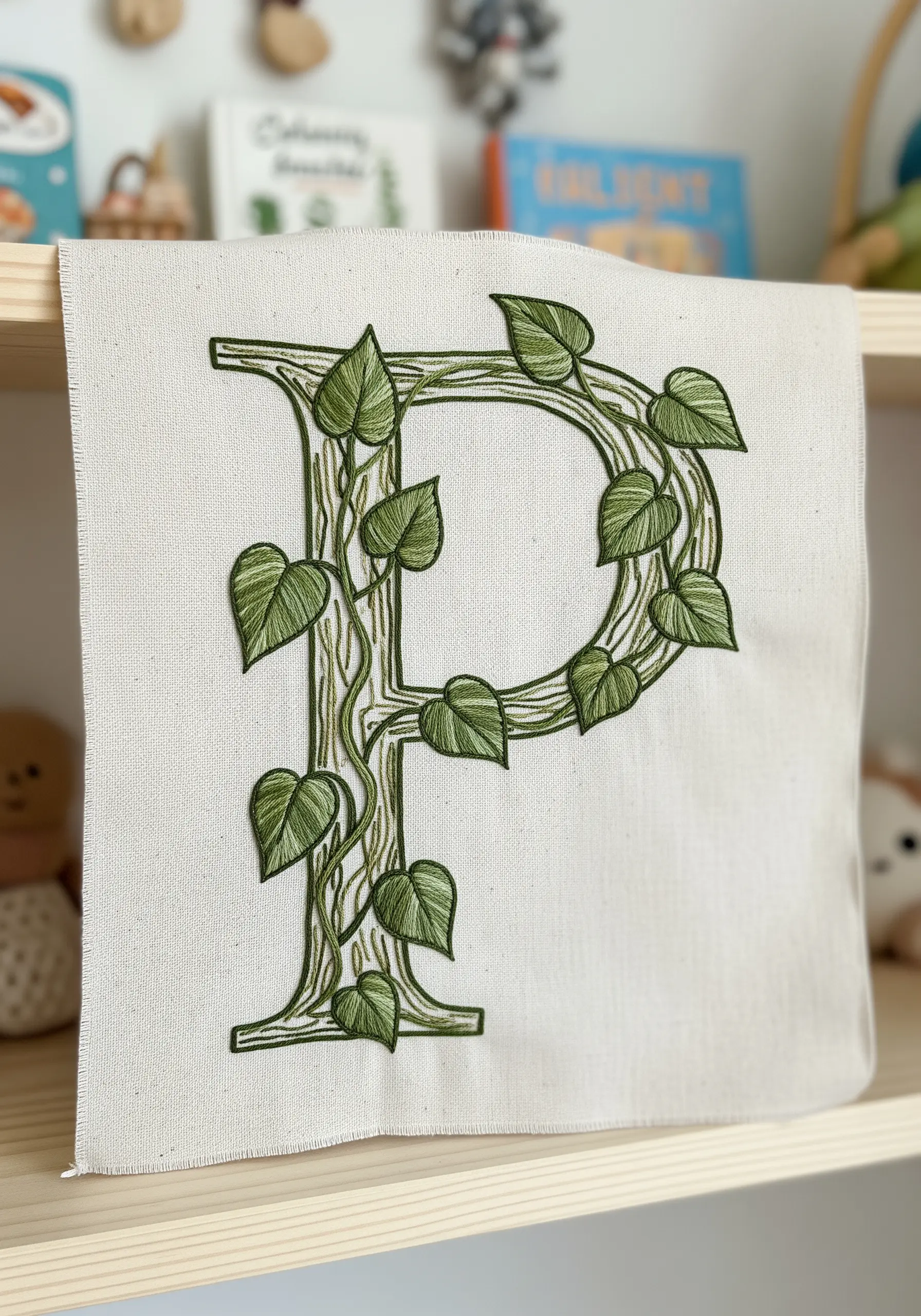 A Pothos vine with variegated leaves wrapped around the embroidered initial 