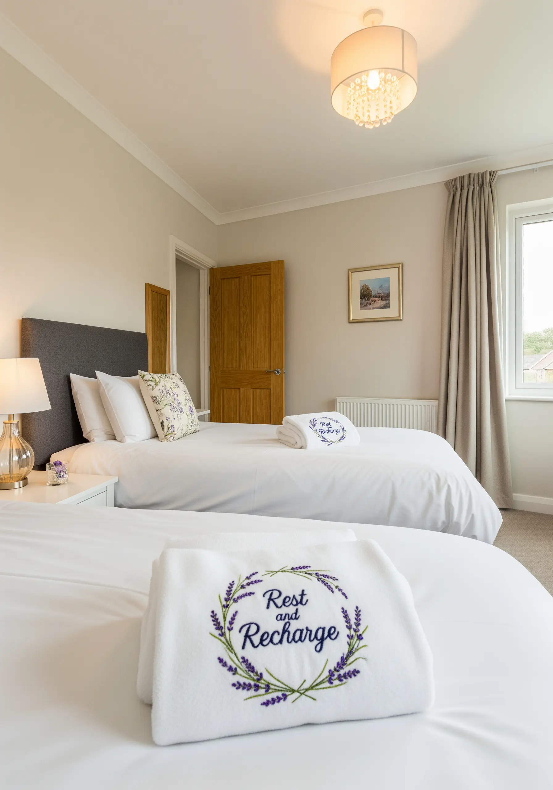 White towels folded on beds, each embroidered with a lavender wreath and the words 'Rest and Recharge'.