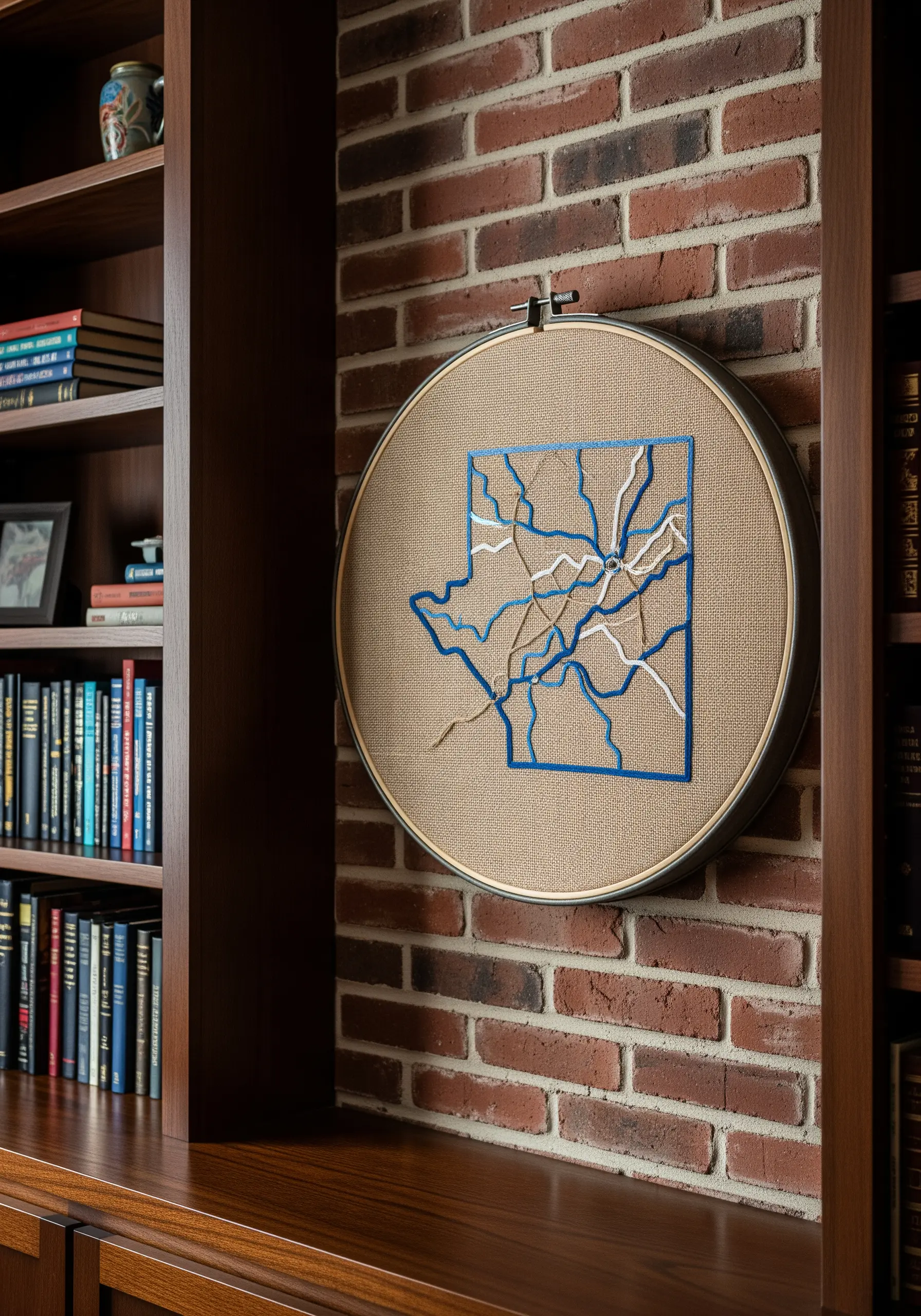 A modern, embroidered map of a city's roads stitched in blue and white on burlap.