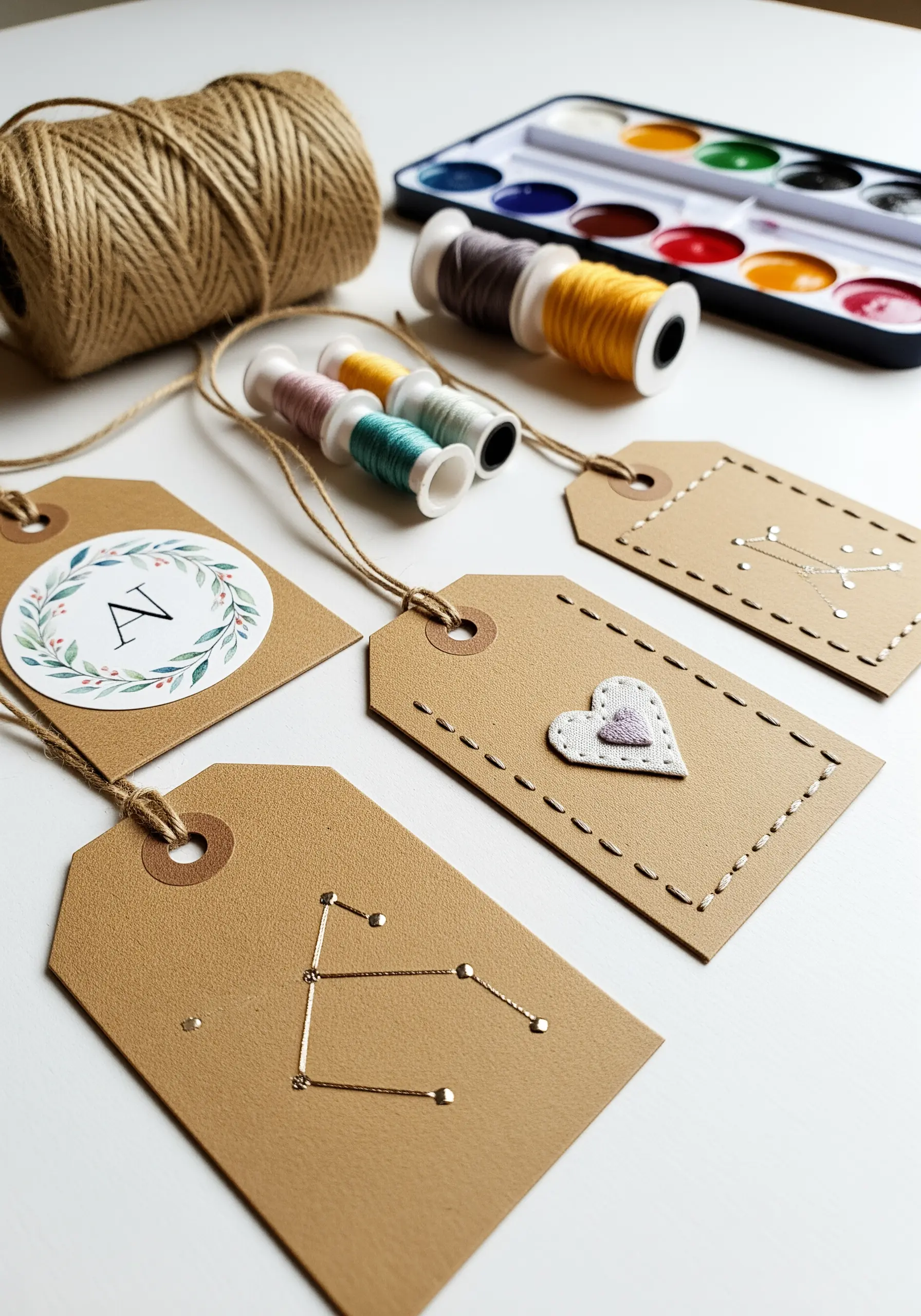 Kraft paper gift tags embellished with hand-stitching to create constellations and borders.