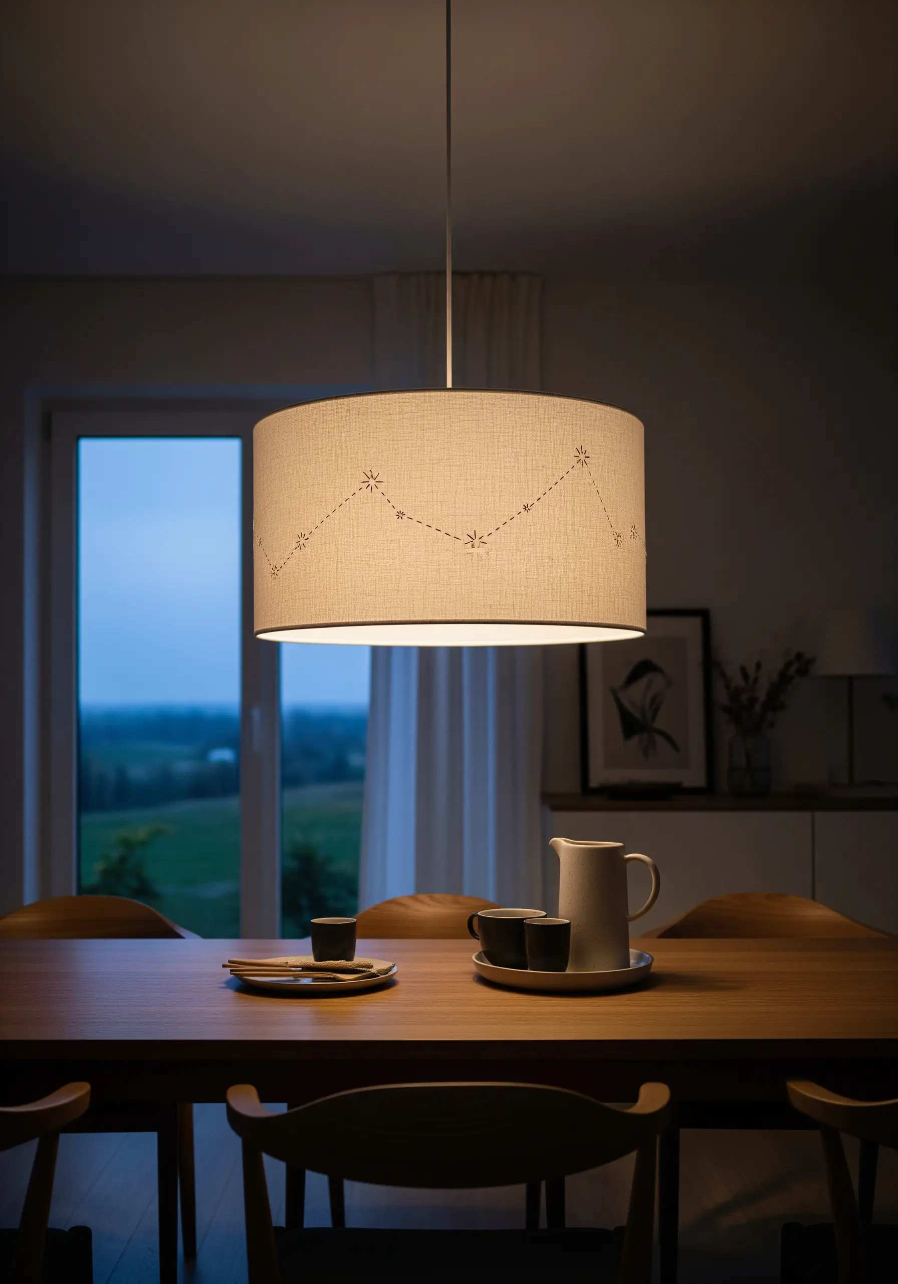A drum lampshade embroidered with a constellation pattern that glows when the light is on.