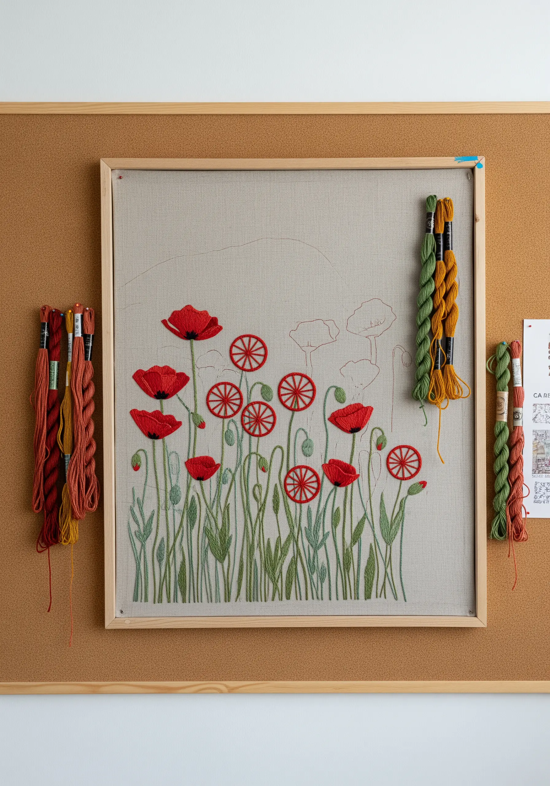 An embroidery piece in progress showing a field of red poppies, with thread skeins attached.