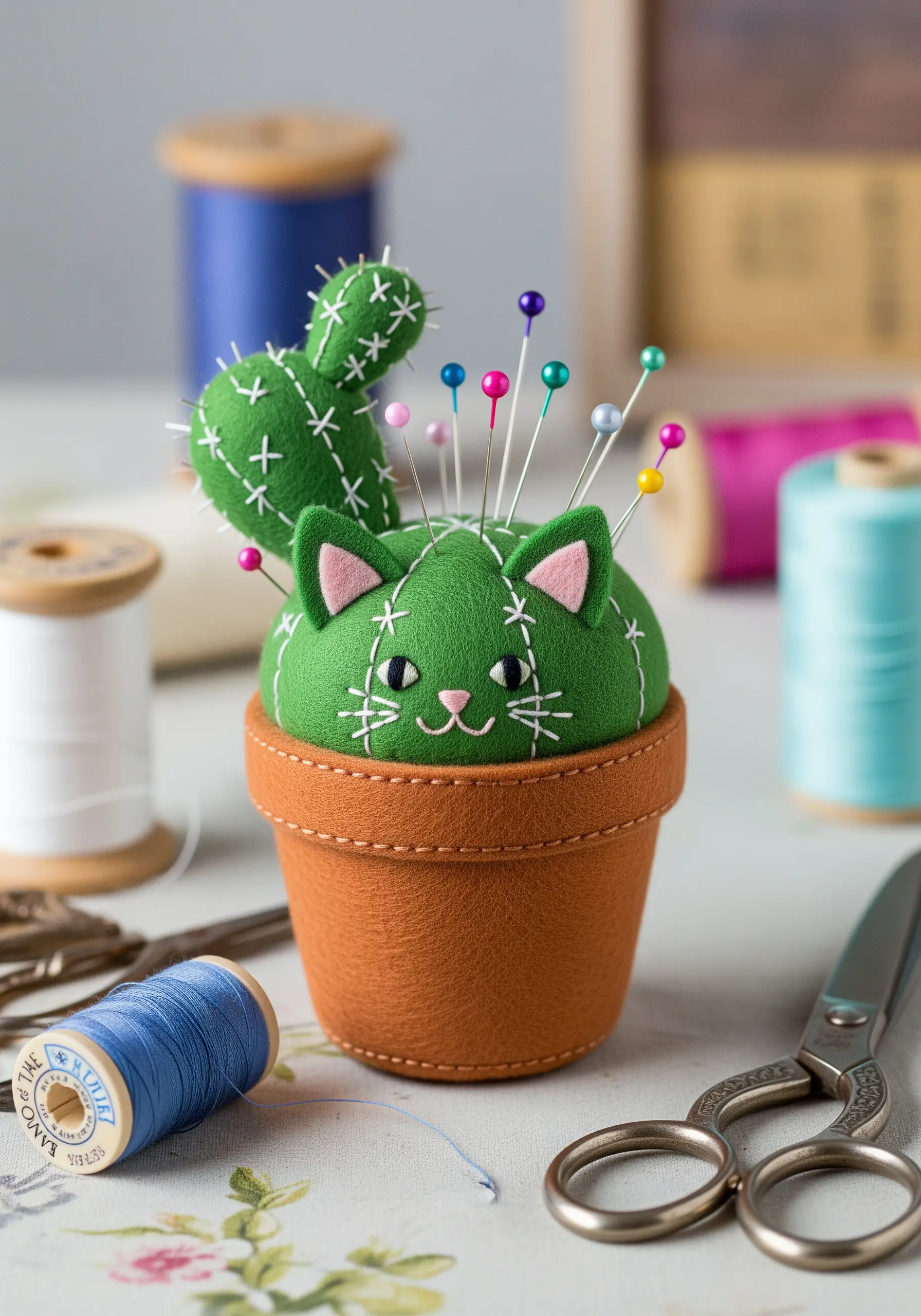 A green, cat-shaped pincushion designed to look like a cactus, sitting in a small terracotta pot.