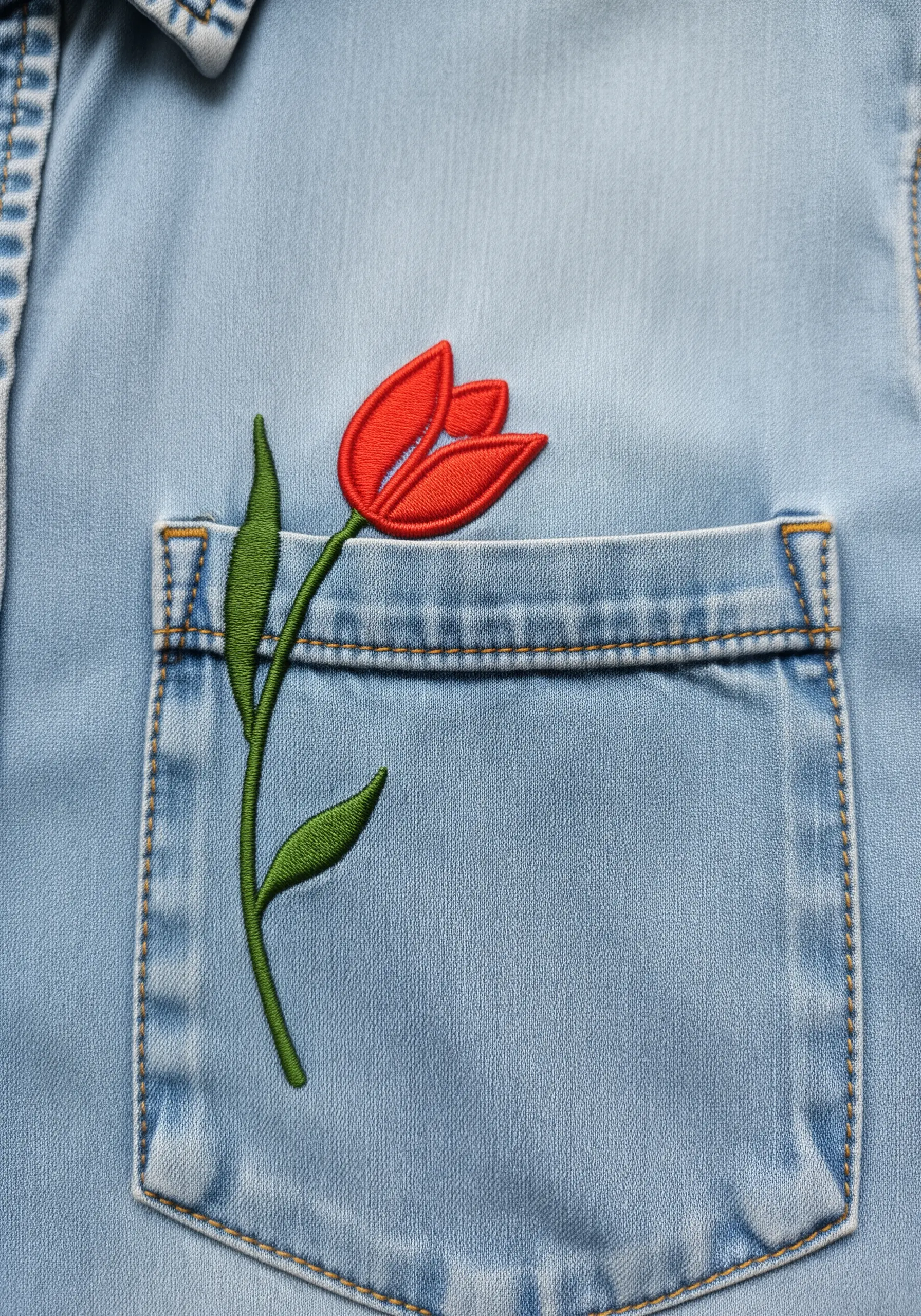 A single red tulip with a green stem embroidered to look like it's in a denim shirt pocket.