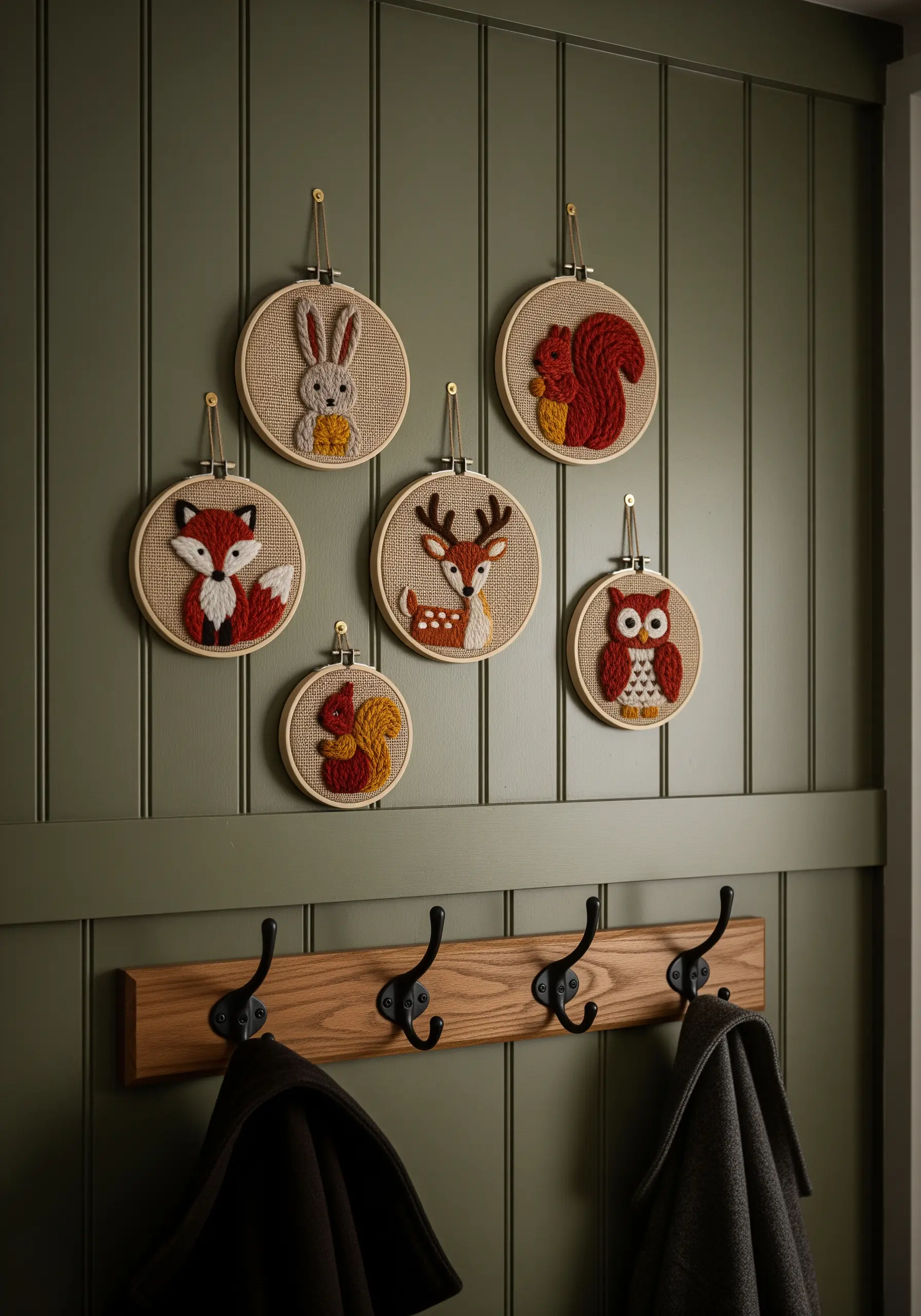 A gallery wall of small embroidery hoops featuring woodland animals like a fox, owl, and deer.