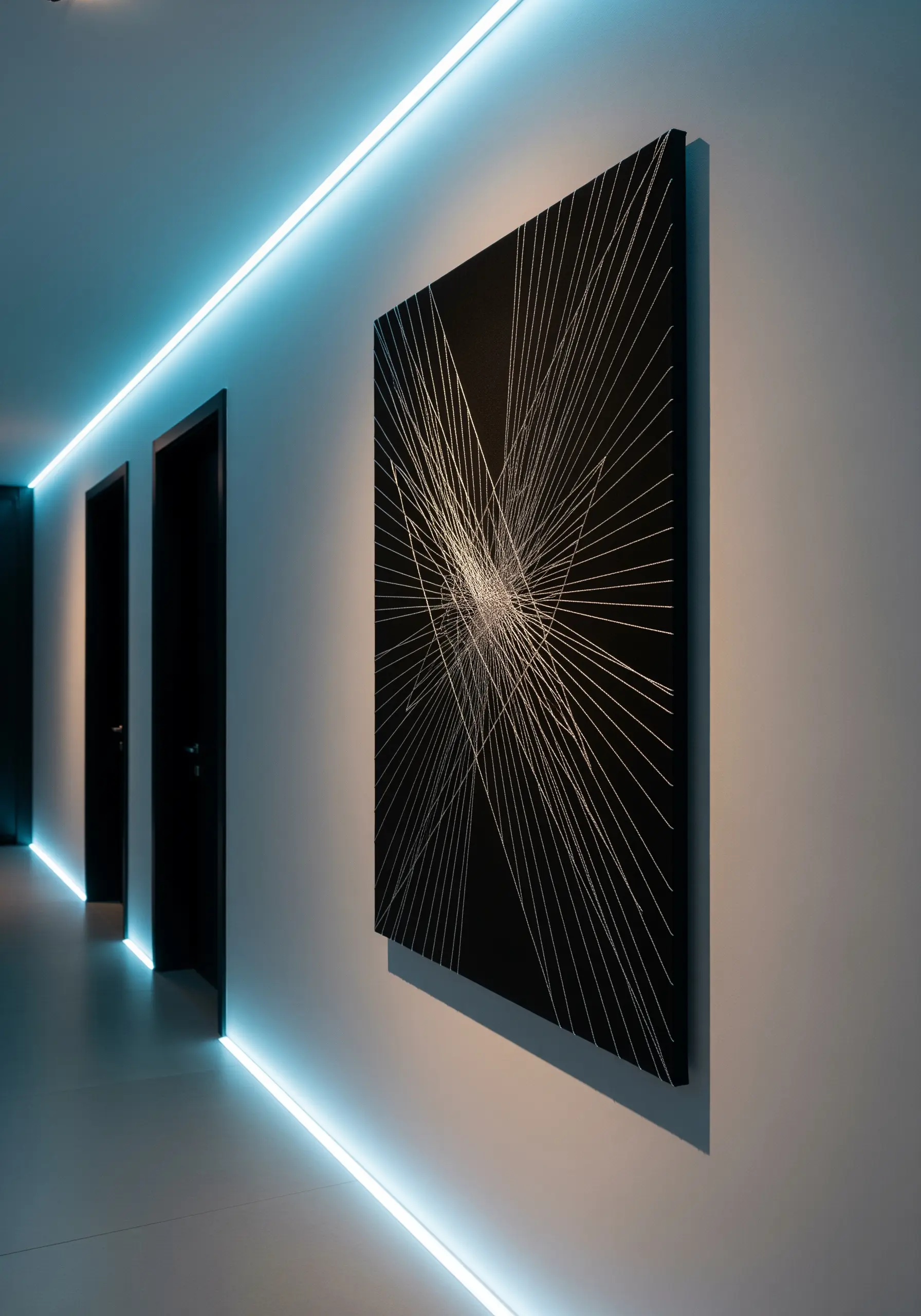 A large black canvas with intersecting straight lines of white thread creating a geometric starburst.