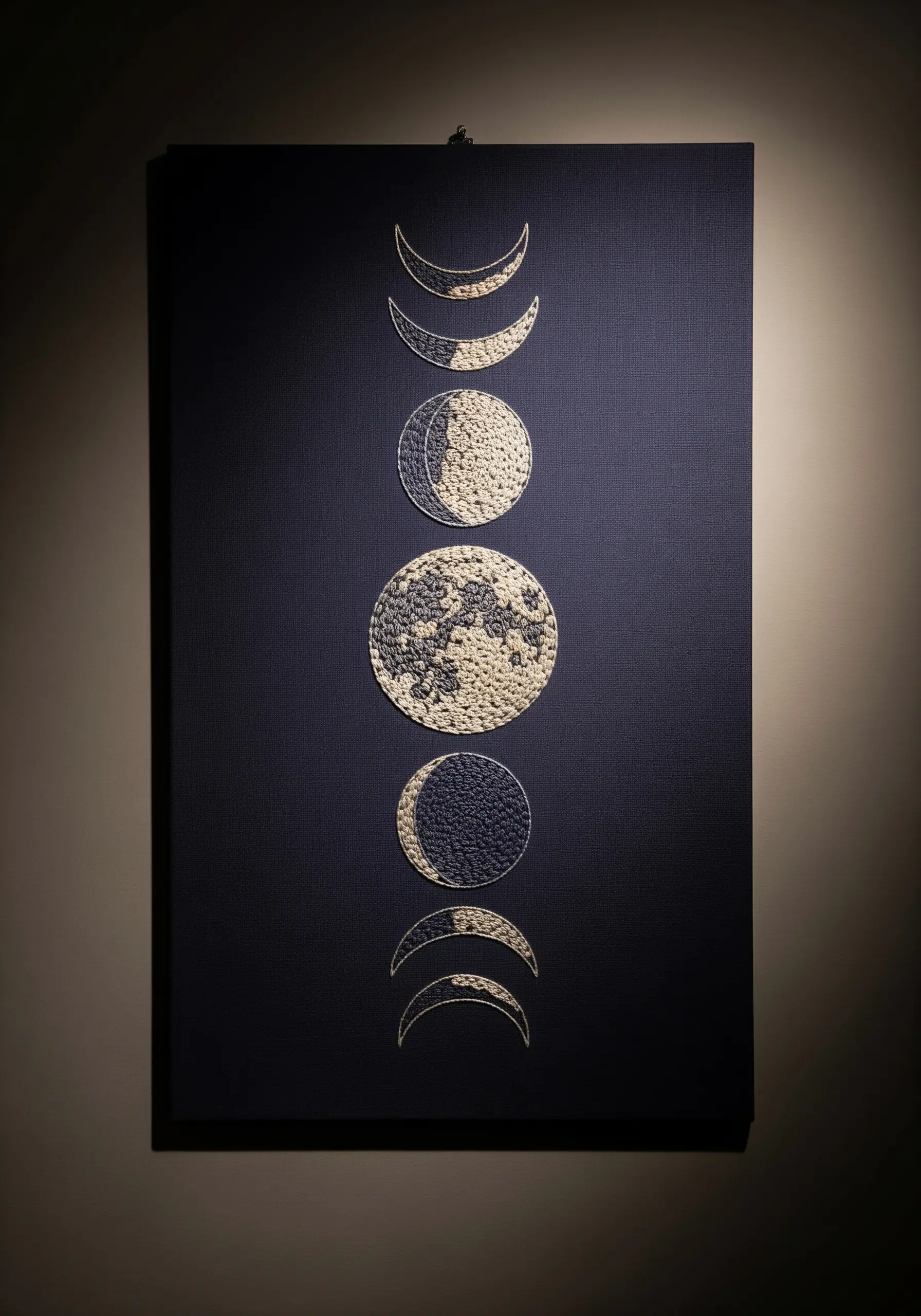Moon phases embroidered with dense French knots on a black canvas.