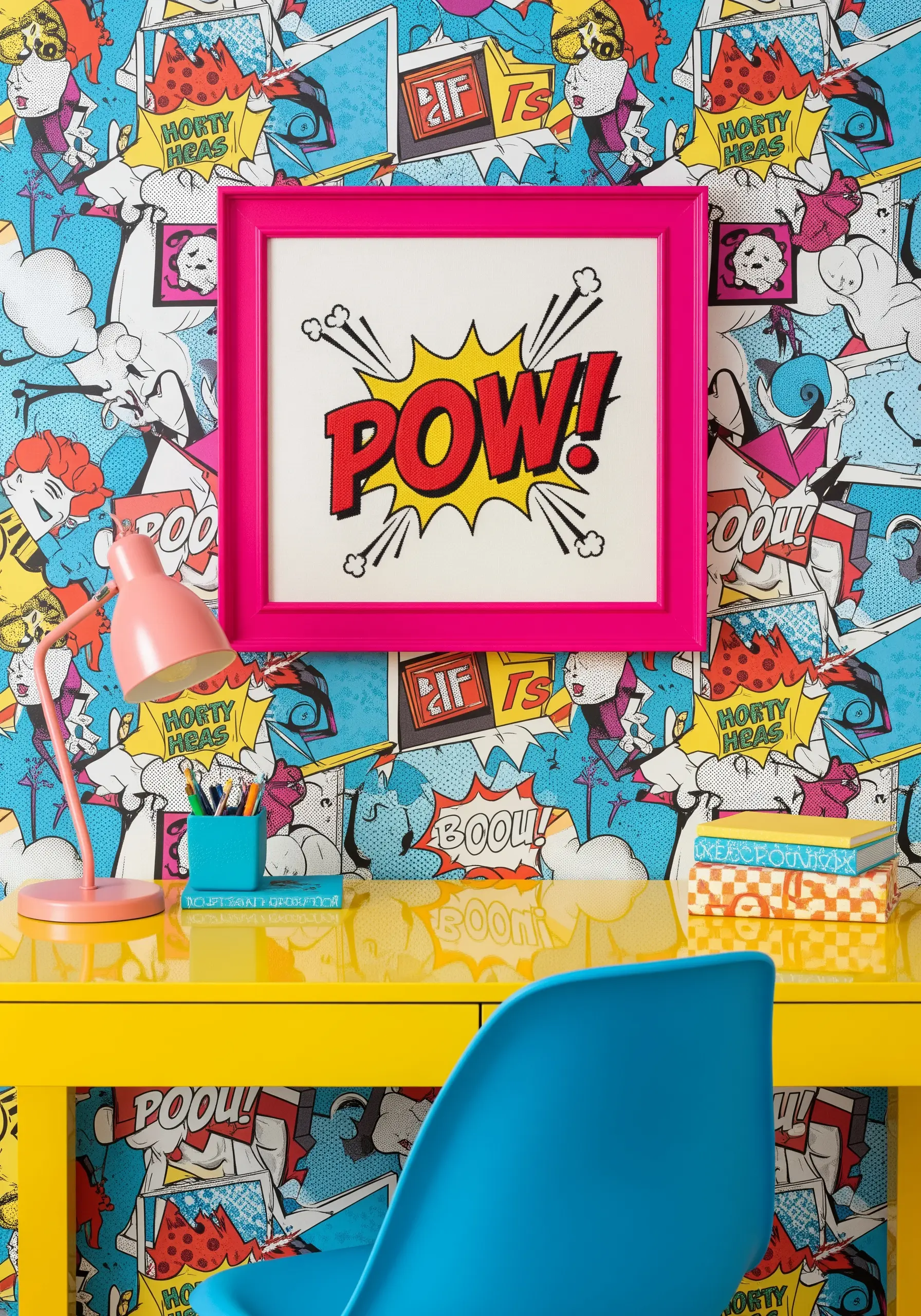The word 'POW!' embroidered in a comic book style with a bold black outline.