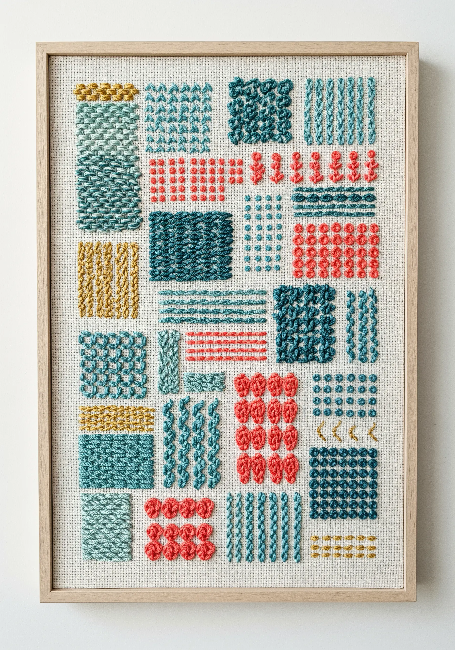 A framed embroidery sampler with blocks of different stitches in shades of teal, coral, and gold.