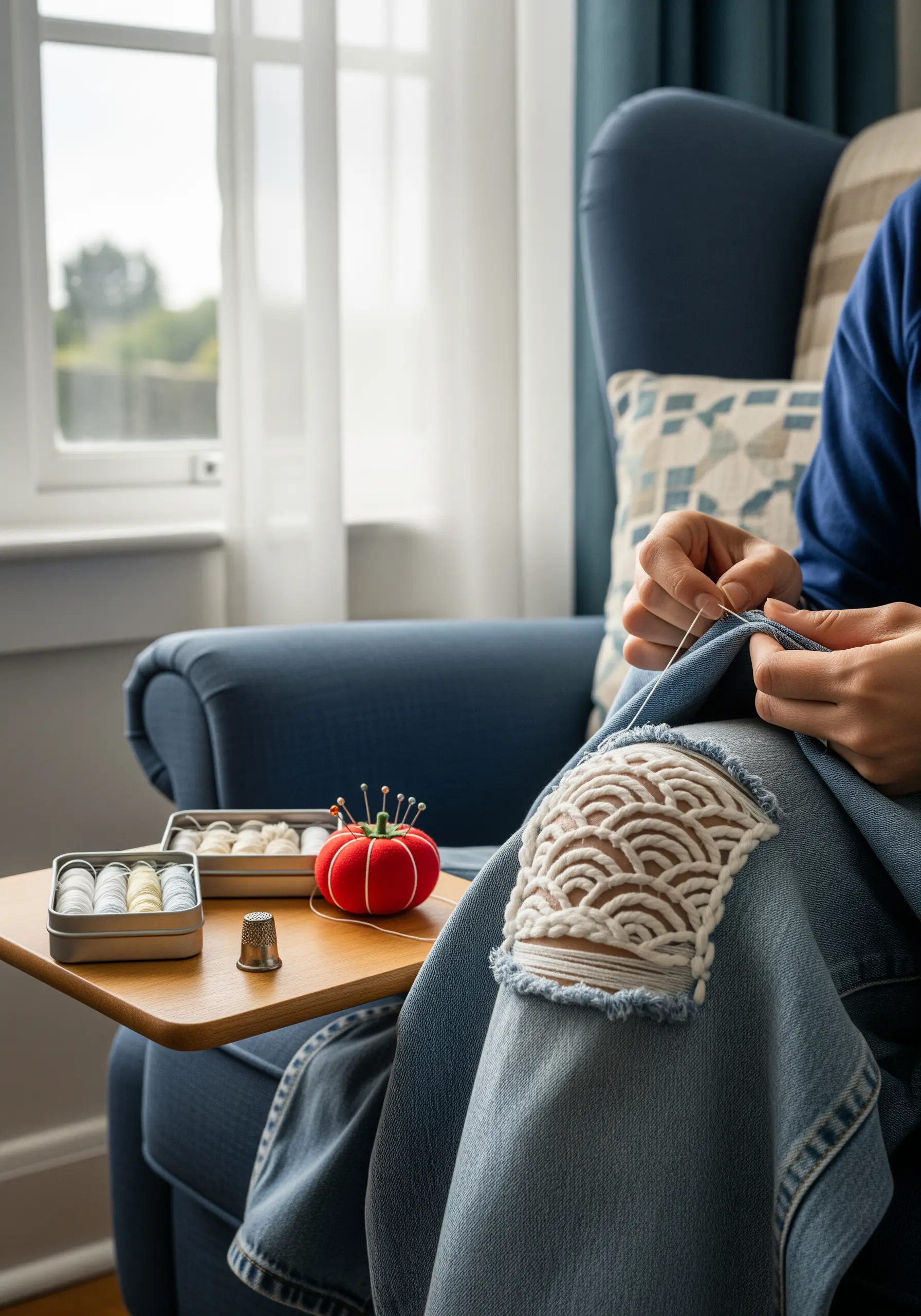 Close-up of a decorative sashiko patch in a wave pattern stitched onto the knee of blue jeans.