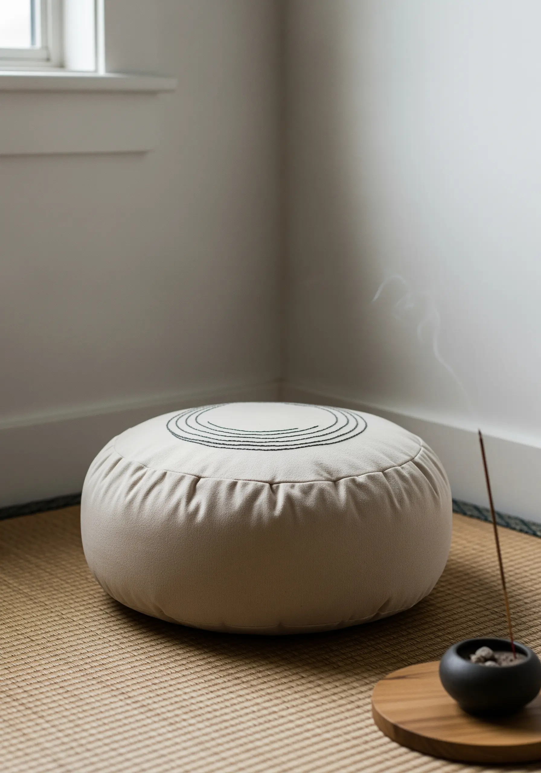 A round meditation cushion with a minimalist design of concentric circles stitched in black thread.