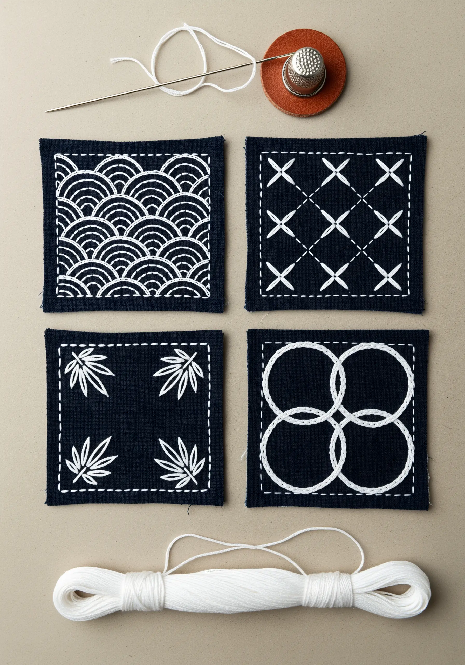 Four small navy fabric squares stitched with different traditional white Sashiko patterns.
