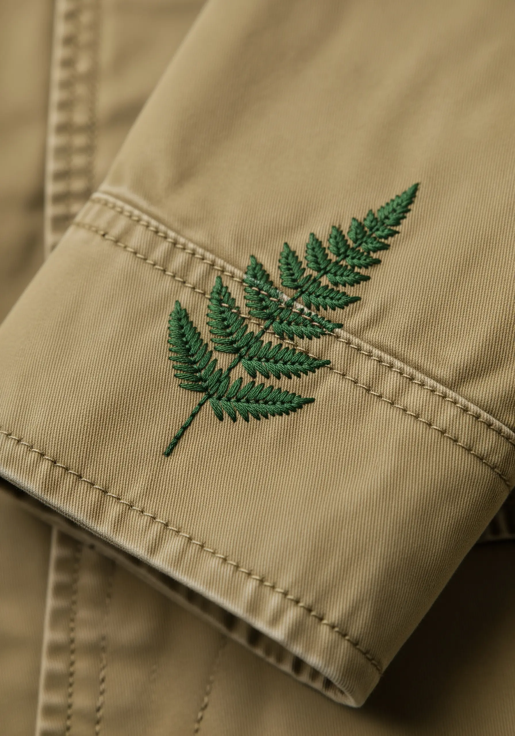 A detailed, dark green fern frond embroidered on the cuff of a khaki jacket.