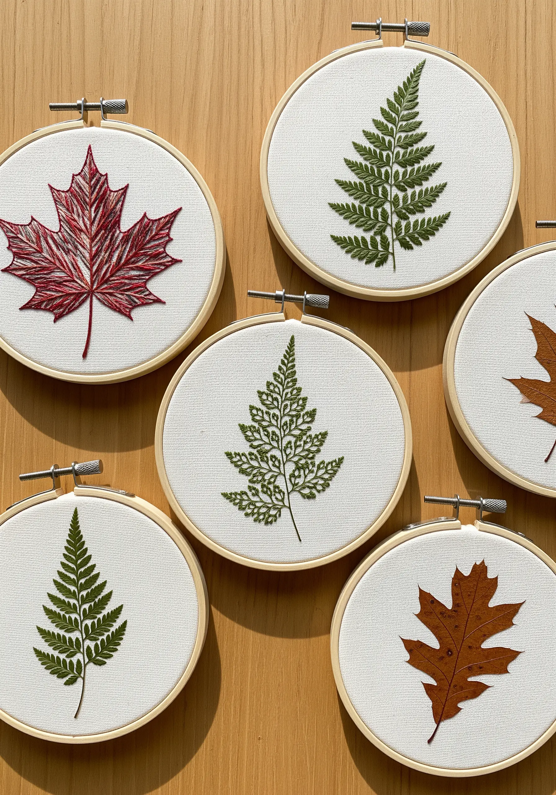 A collection of small embroidery hoops, each featuring a single, realistic stitched leaf.