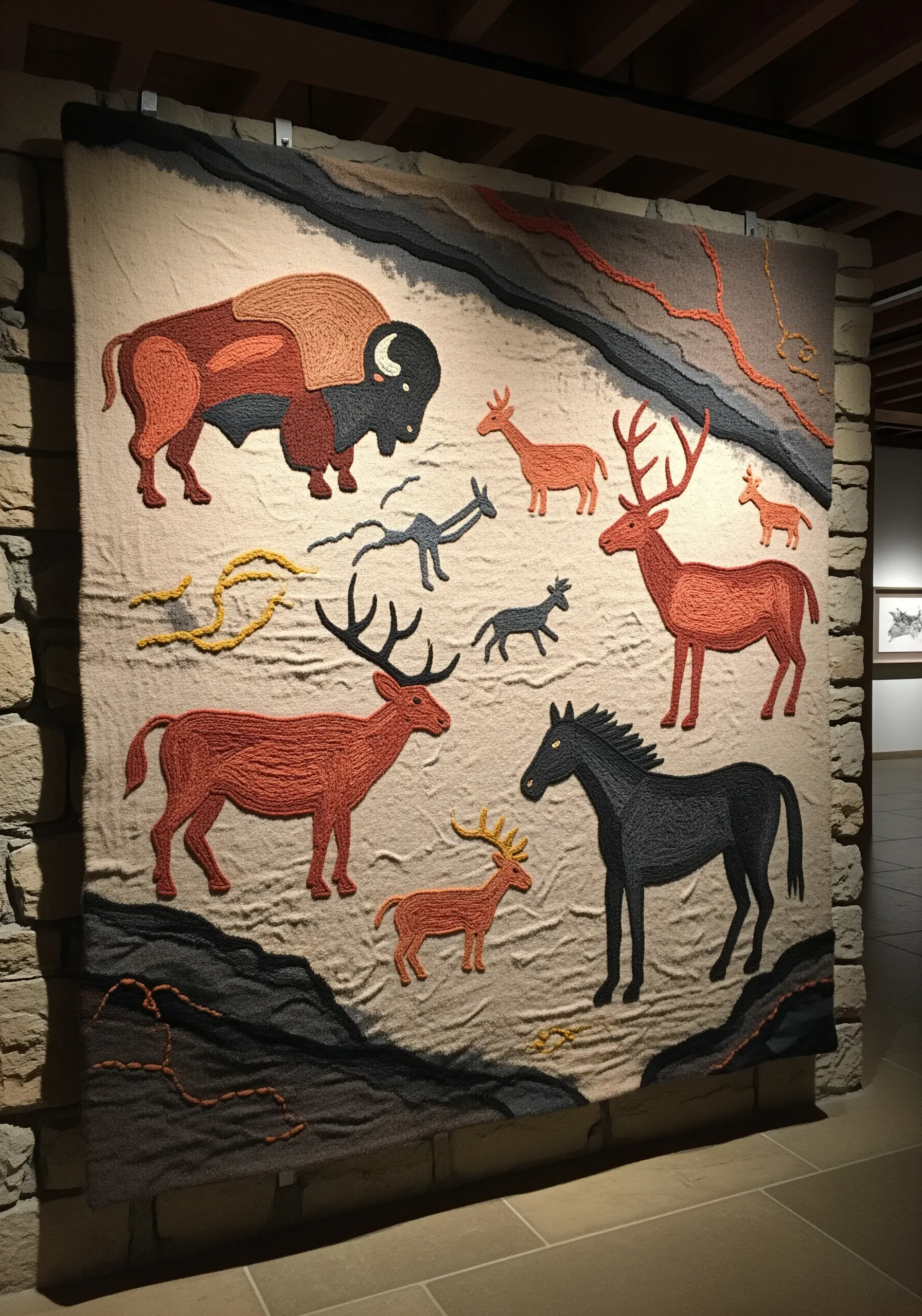 Large tapestry depicting primitive animal figures in the style of cave paintings.