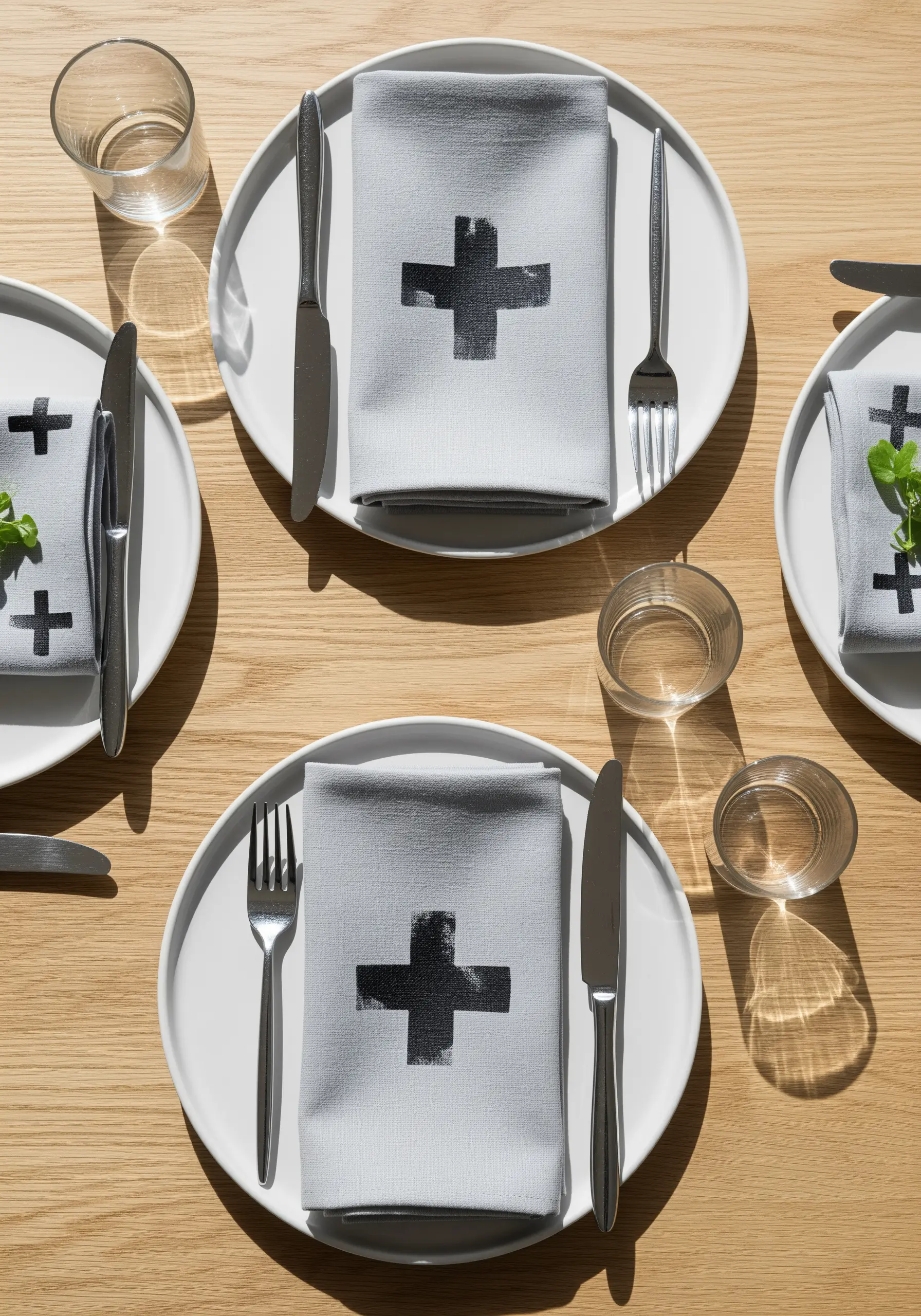 Gray linen napkins printed with a black Swiss cross symbol using block stamping.