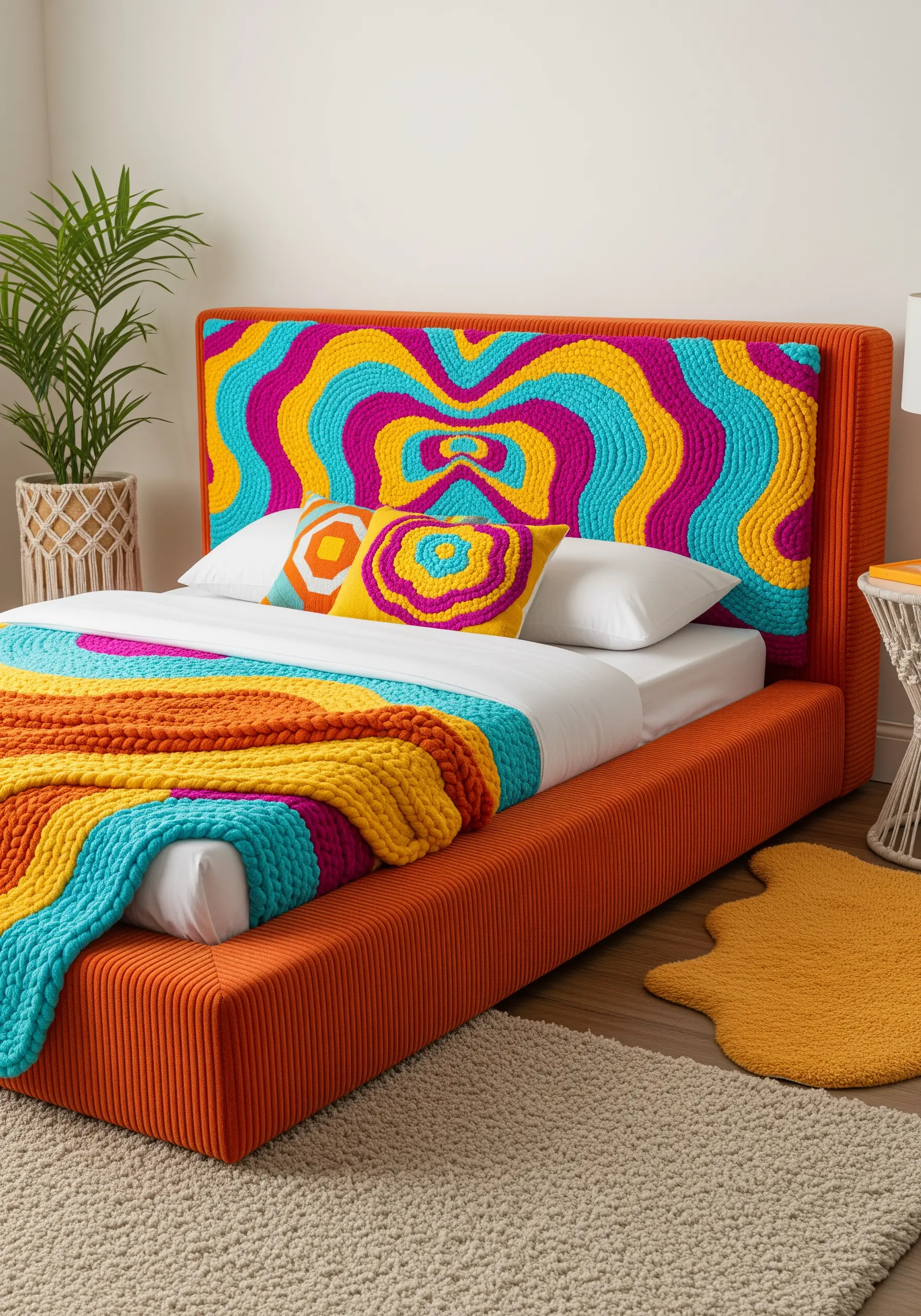 A vibrant, psychedelic headboard with waves of color created with punch needle embroidery.