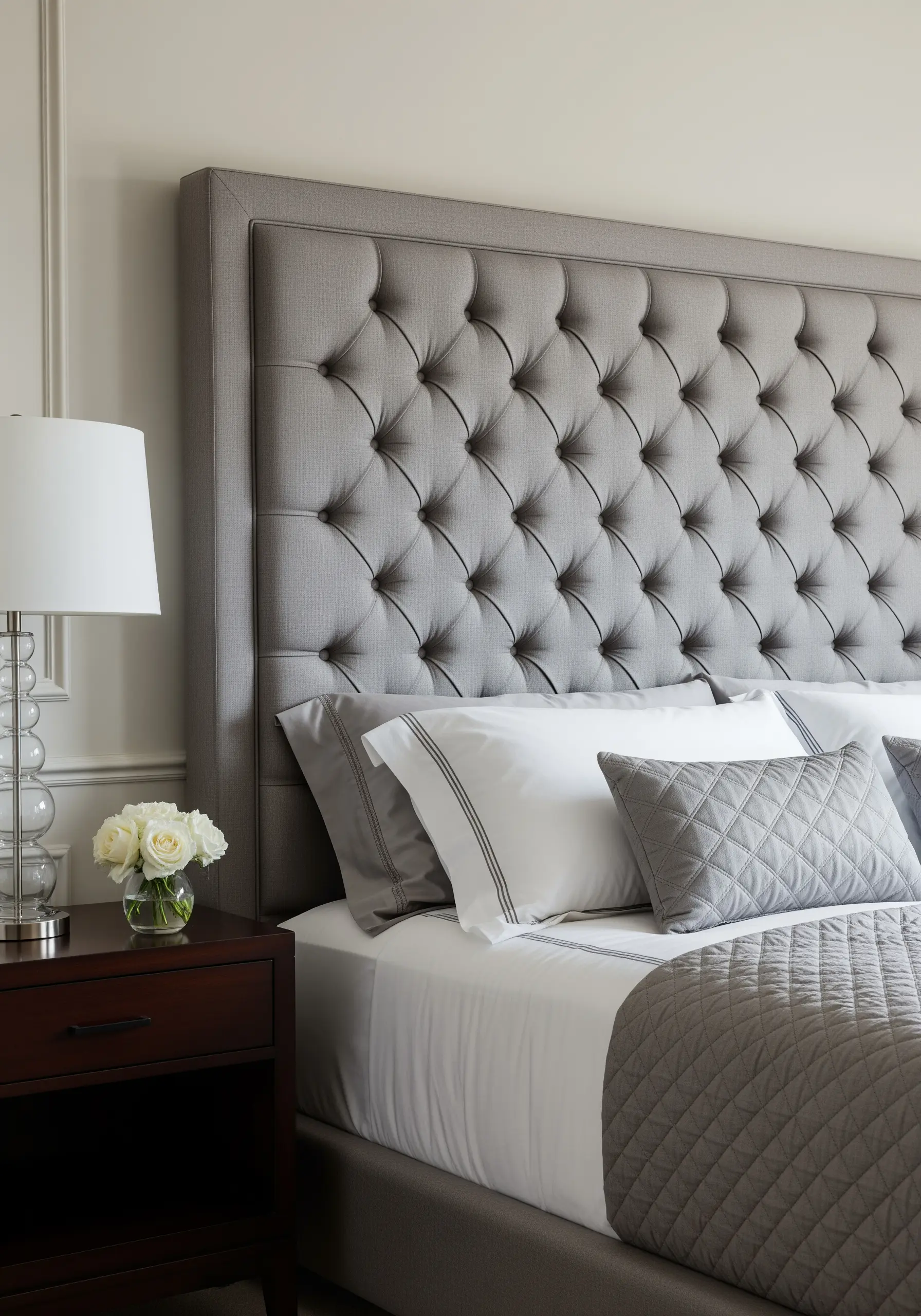 Grey pillows with a quilted diamond pattern, paired with a tufted grey headboard.