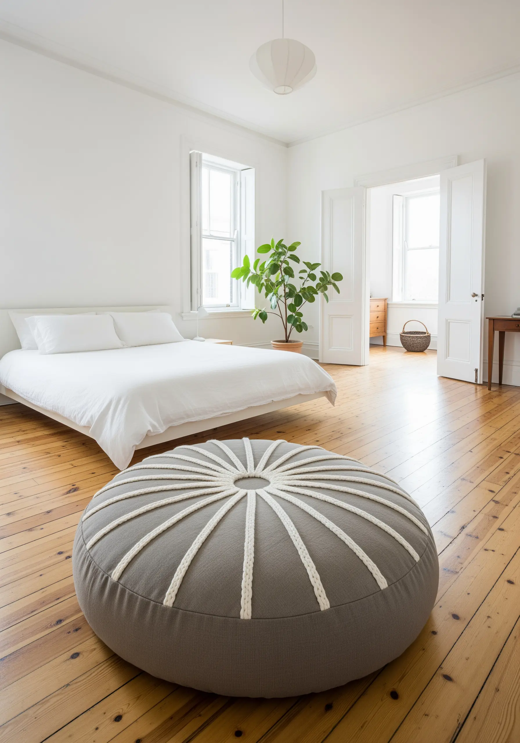 Thick white cording couched in a radial pattern on a round grey floor cushion.