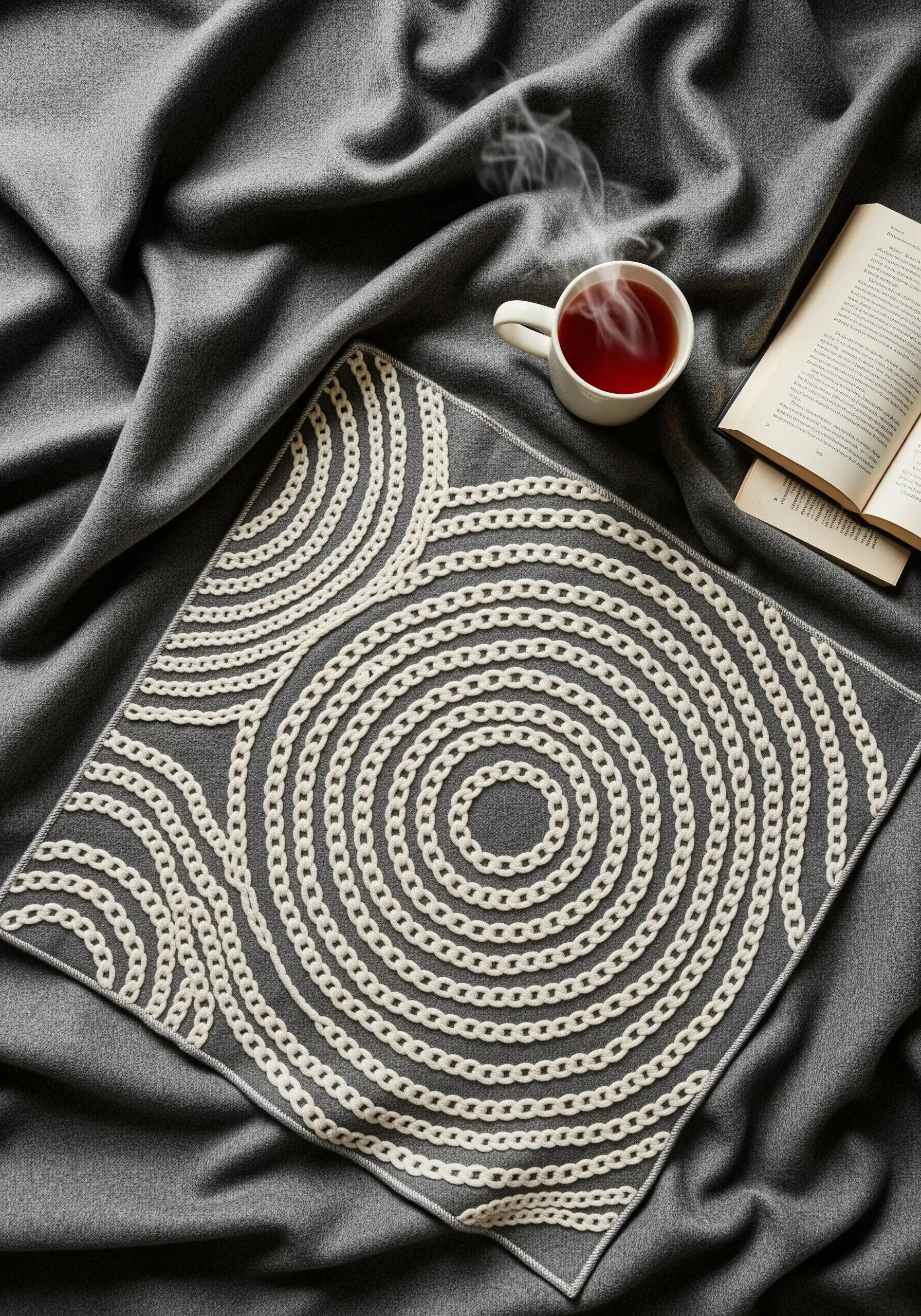 A square textile piece with a bold, concentric chain pattern in off-white on gray fabric.