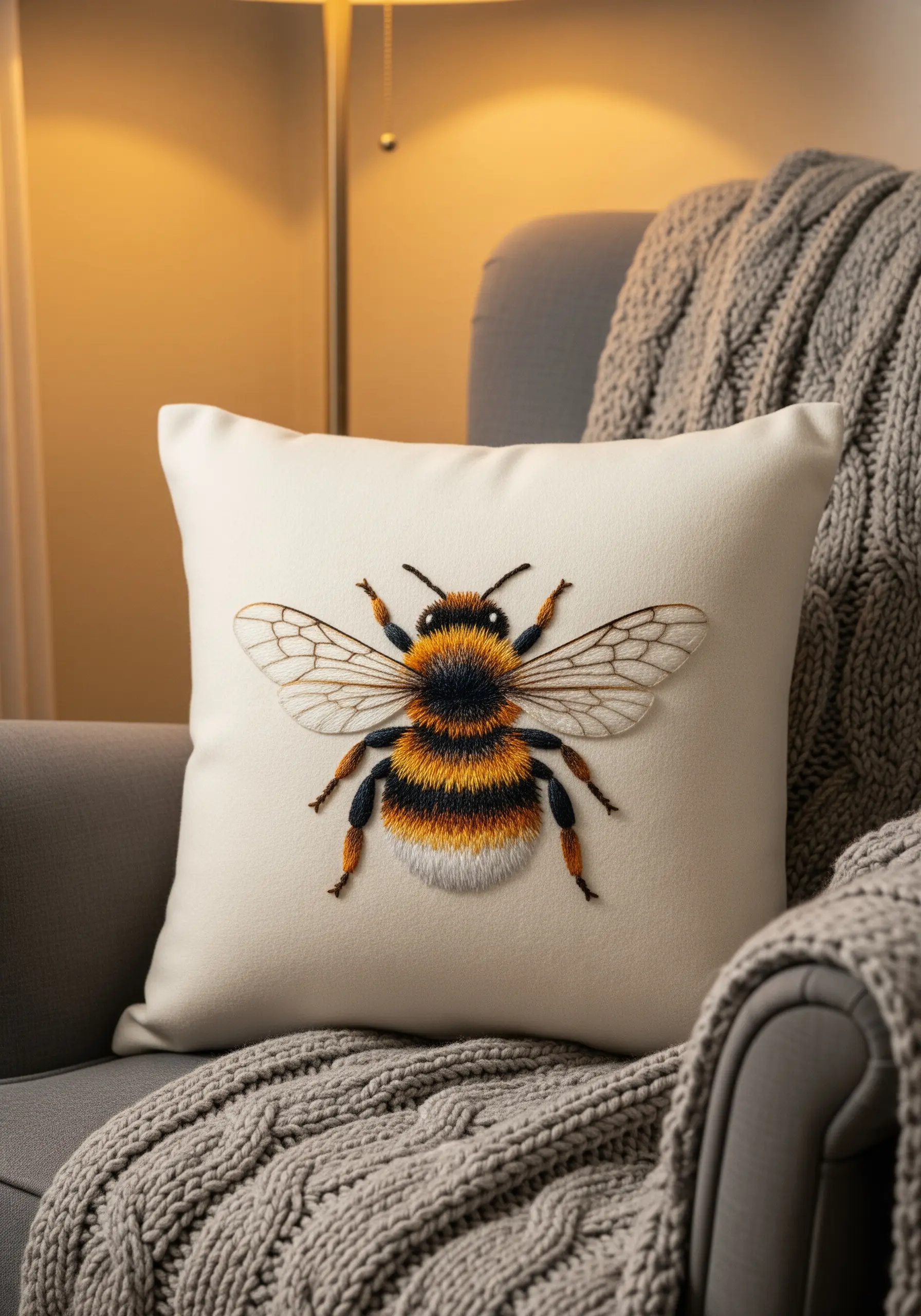 A white cushion with a large, realistically embroidered bumblebee in the center.