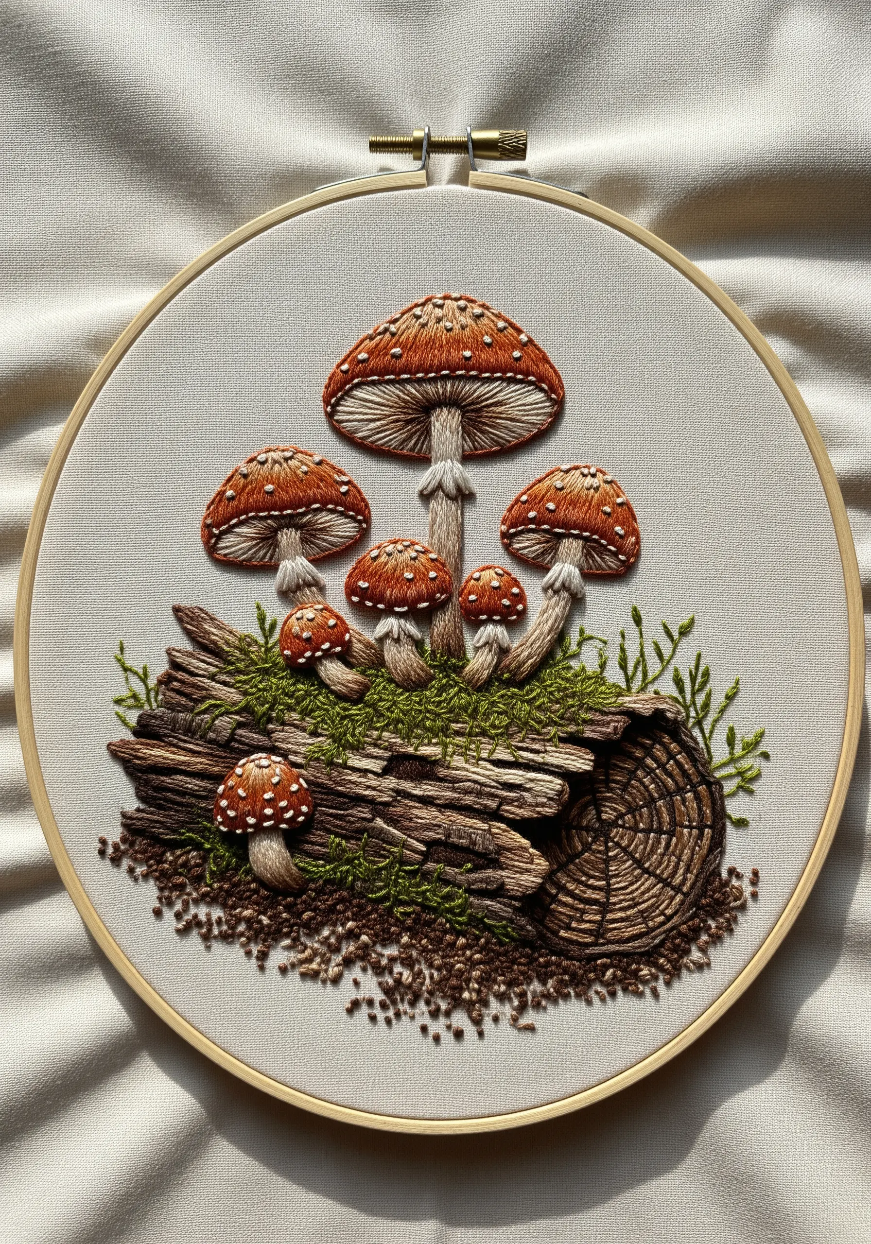 Embroidery hoop with realistic toadstool mushrooms growing on a textured log.