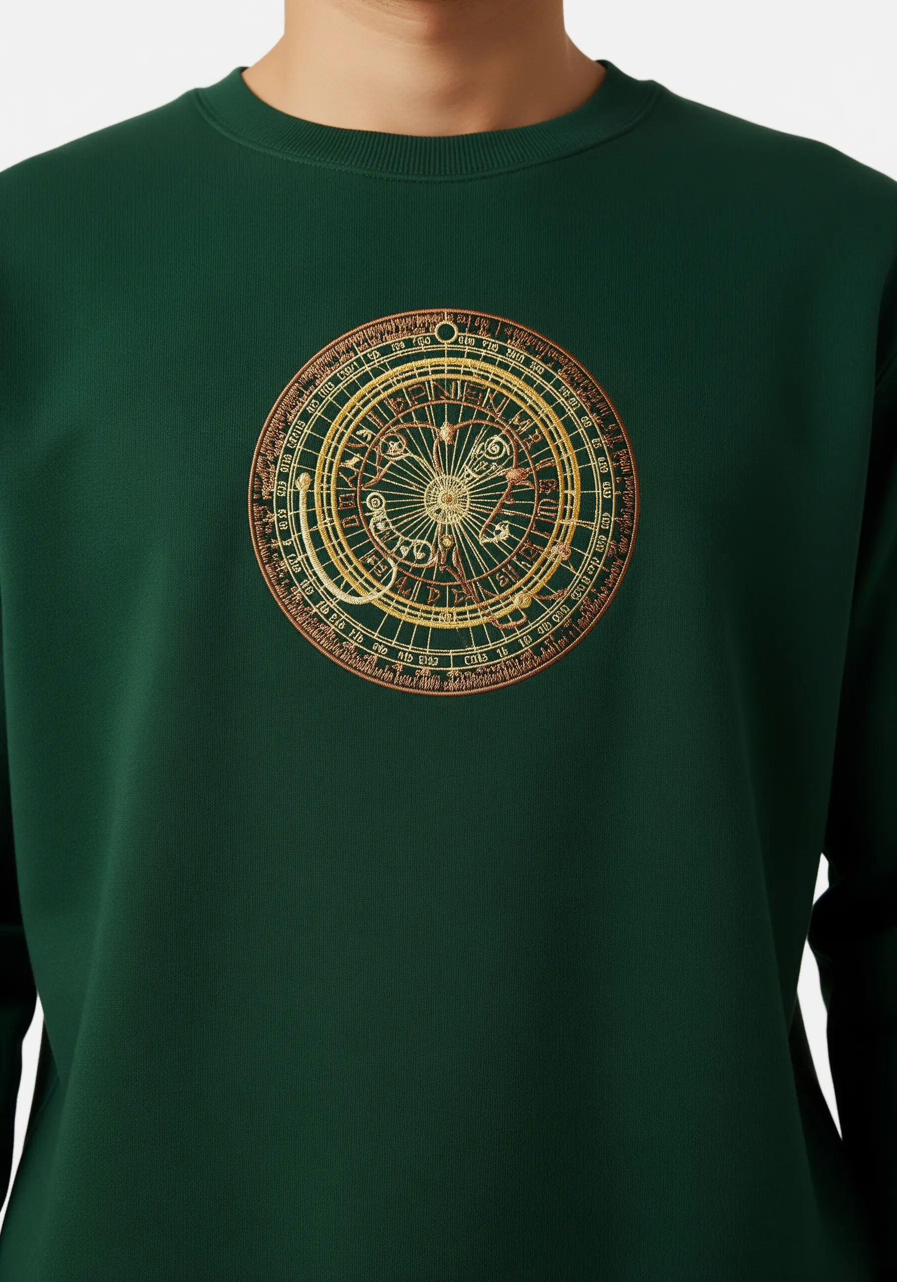 A highly detailed, circular astrolabe embroidered in gold and bronze threads on a dark green sweatshirt.