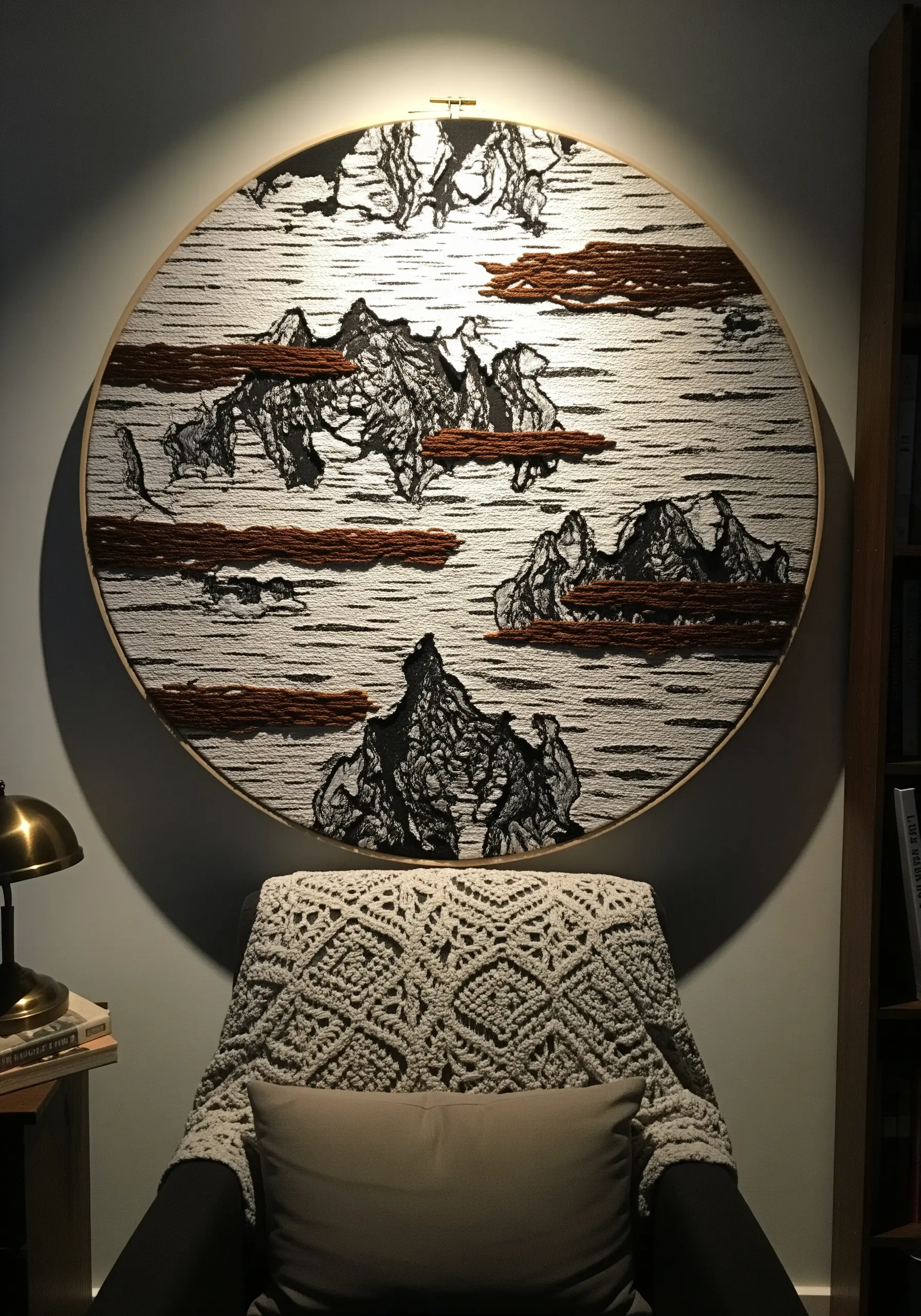 Large hoop art depicting birch bark texture with abstract mountain silhouettes.