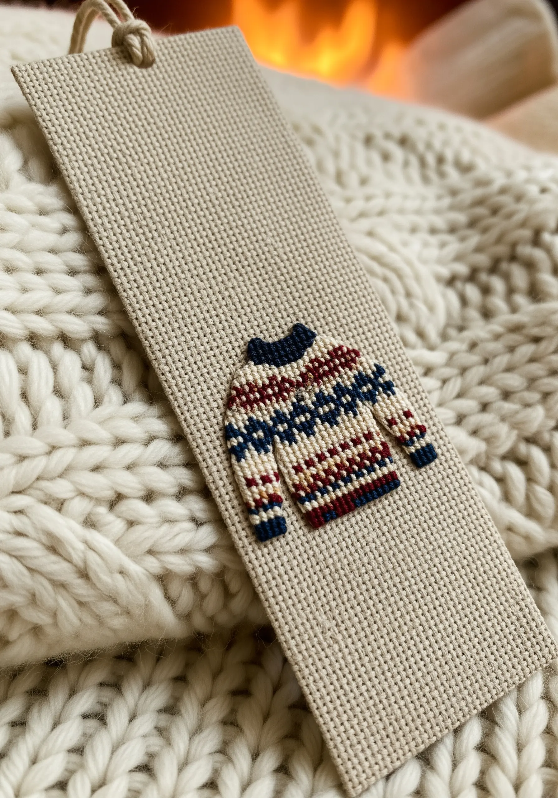 Cross-stitched bookmark featuring a tiny, detailed Fair Isle sweater pattern.