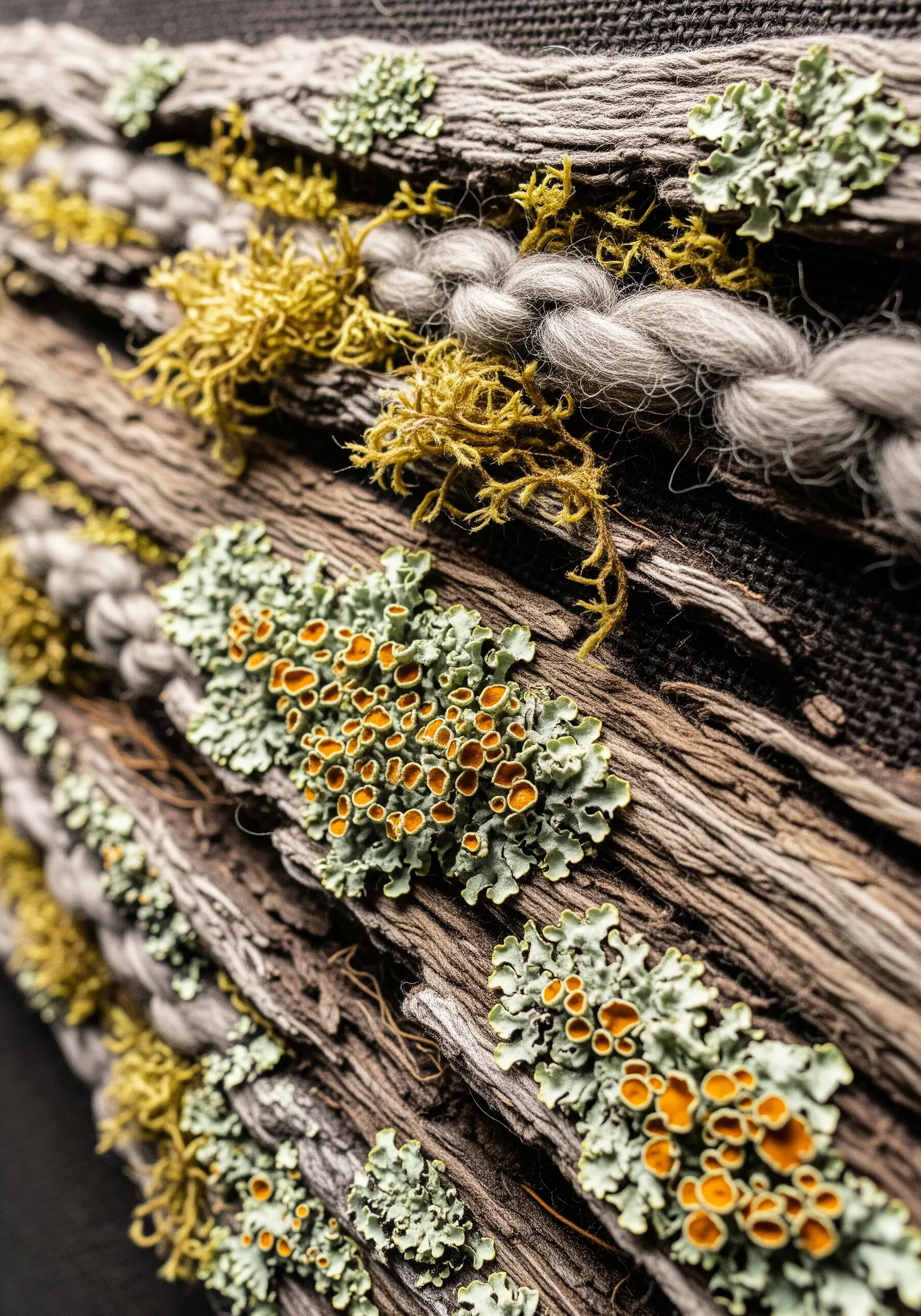 Close-up of a fiber art piece with realistic lichen made from knots and moss from yarn.