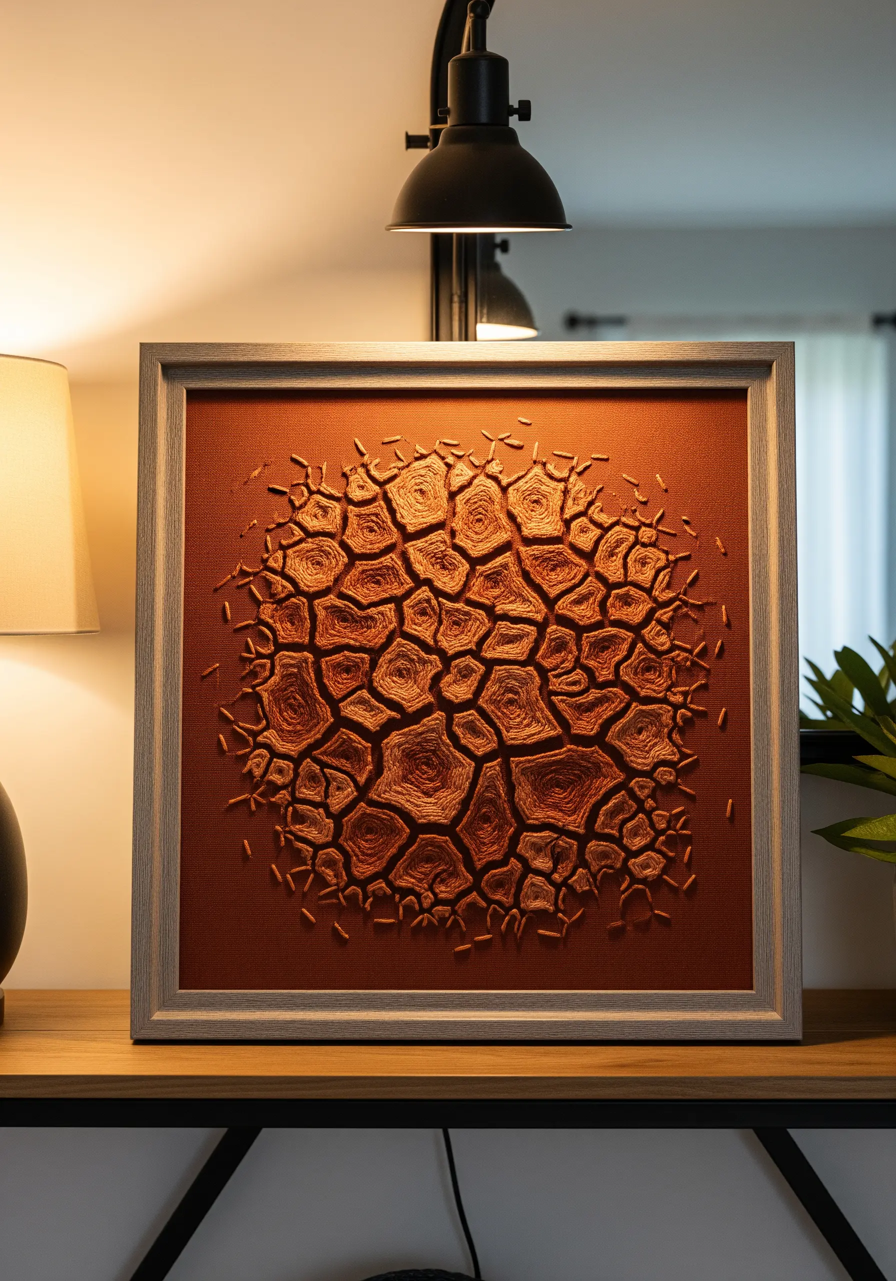 Framed embroidery depicting cracked dry earth in shades of terracotta and brown.