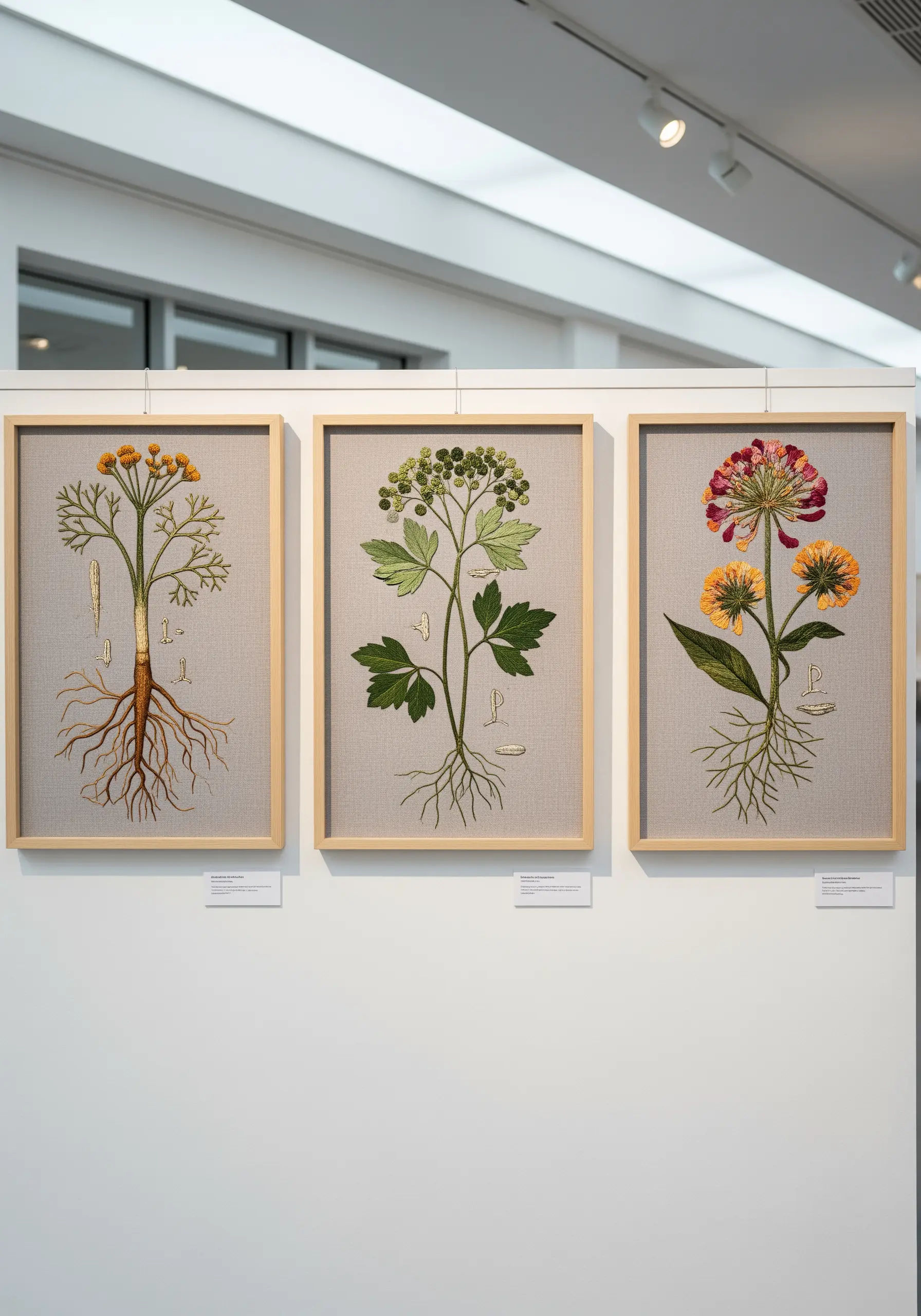 A triptych of framed embroidery pieces depicting scientific botanical illustrations with roots and flowers.