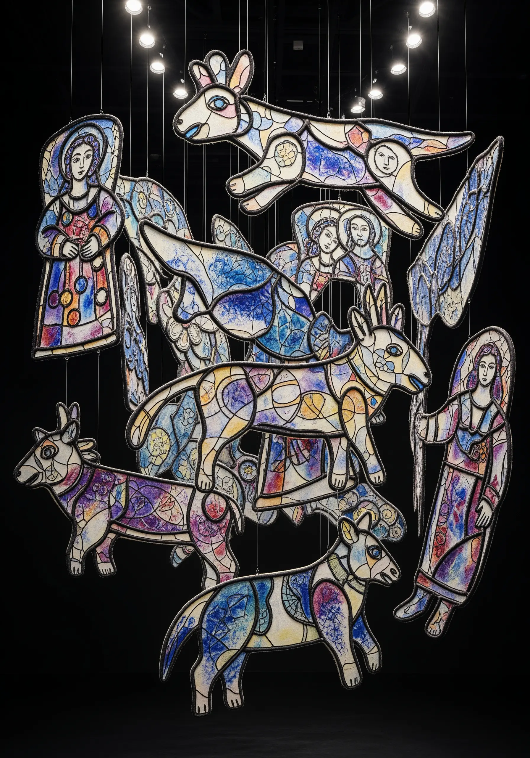 A fiber art installation of stained-glass style figures made with sheer fabrics and black outlines.